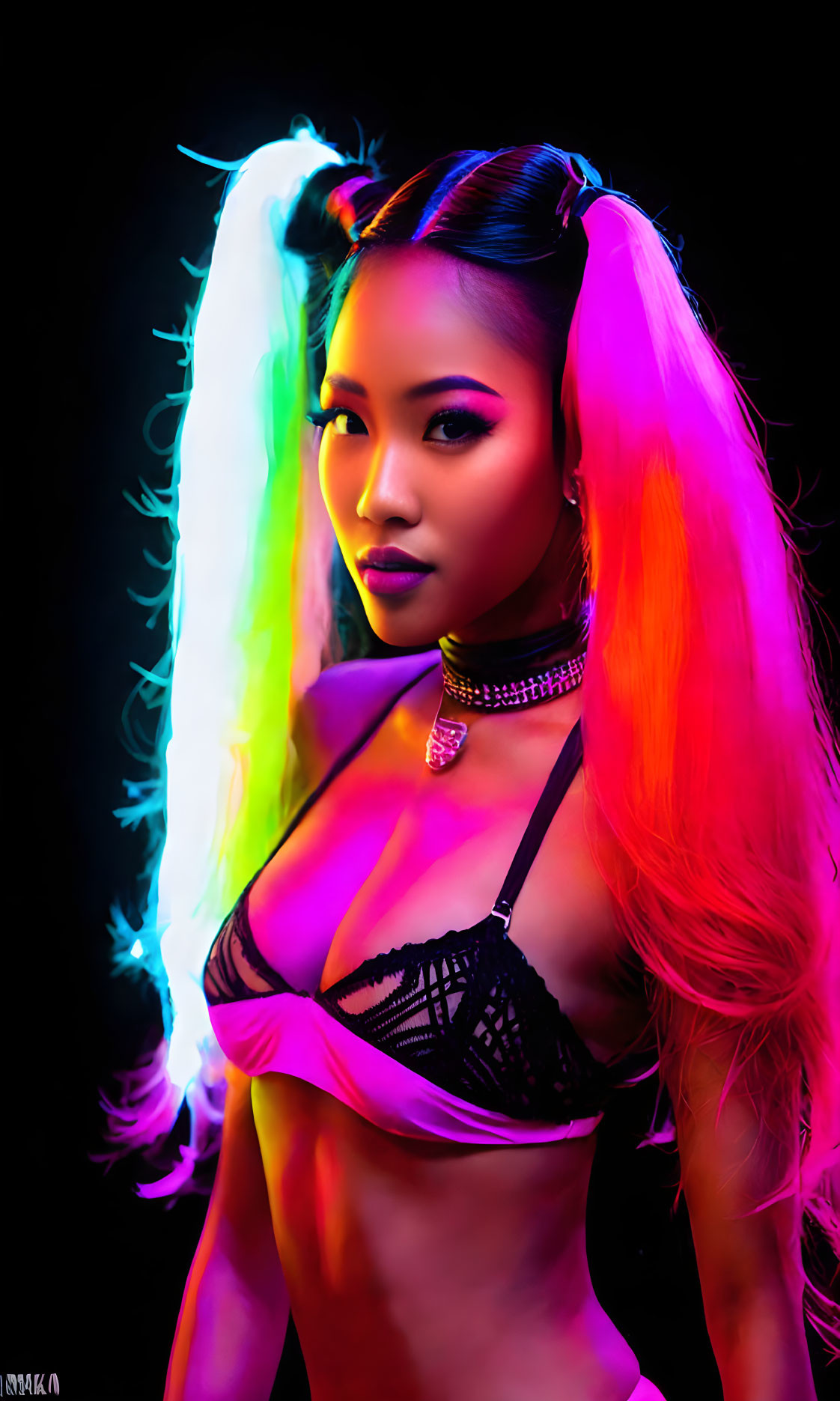 Vibrant neon-colored hair woman in black outfit with choker against dark background