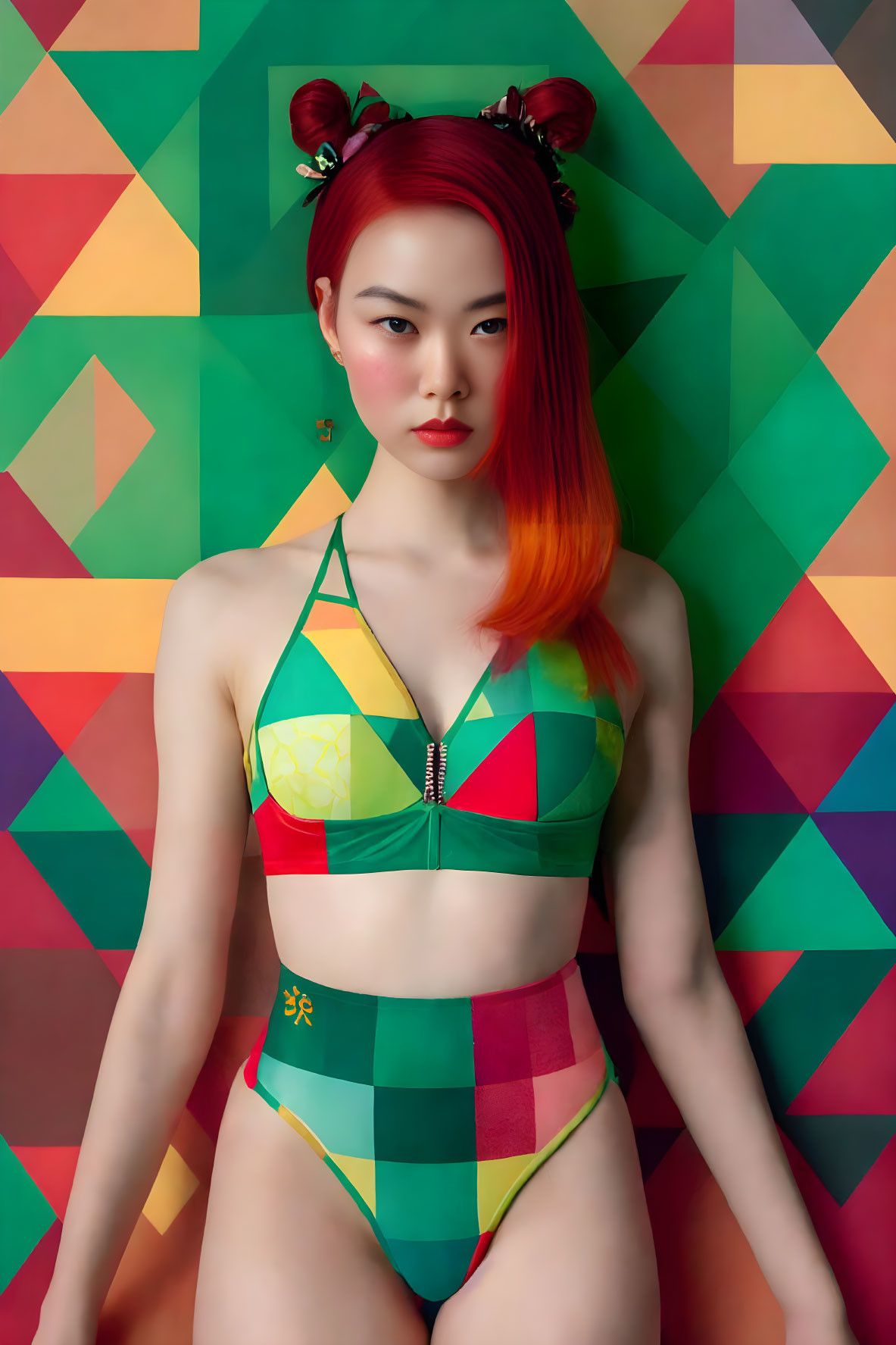 Red-haired woman in colorful geometric attire against abstract background