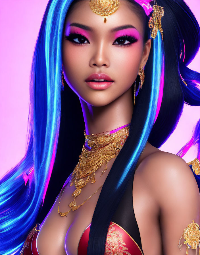 Vibrant blue-haired woman with gold jewelry and pink makeup on pink background