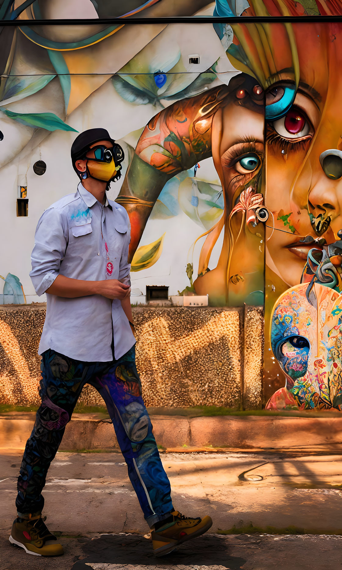 Person in Cap and Sunglasses in Front of Vibrant Street Art Mural