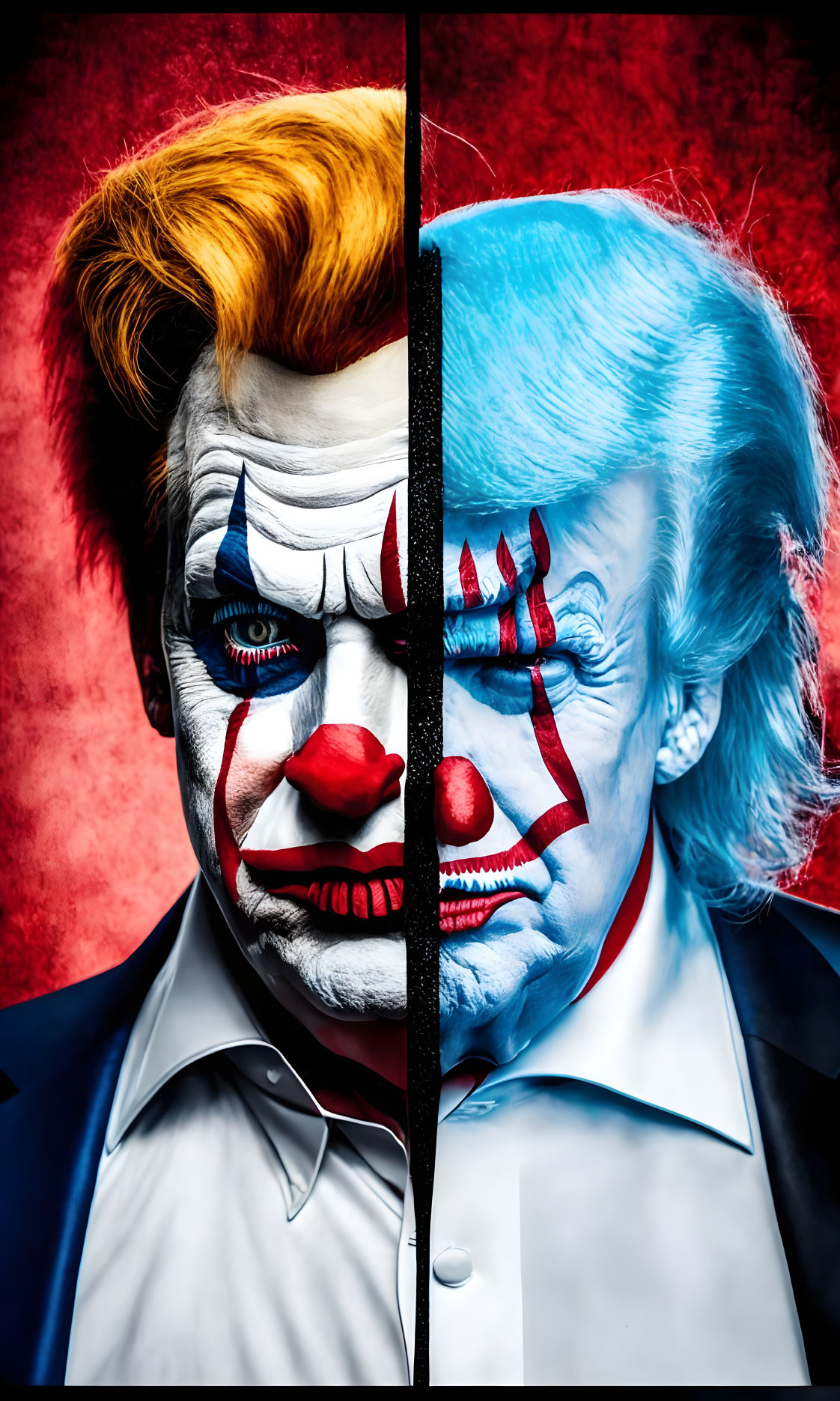 Split-face portrait showcasing Joker and clown makeup and hair