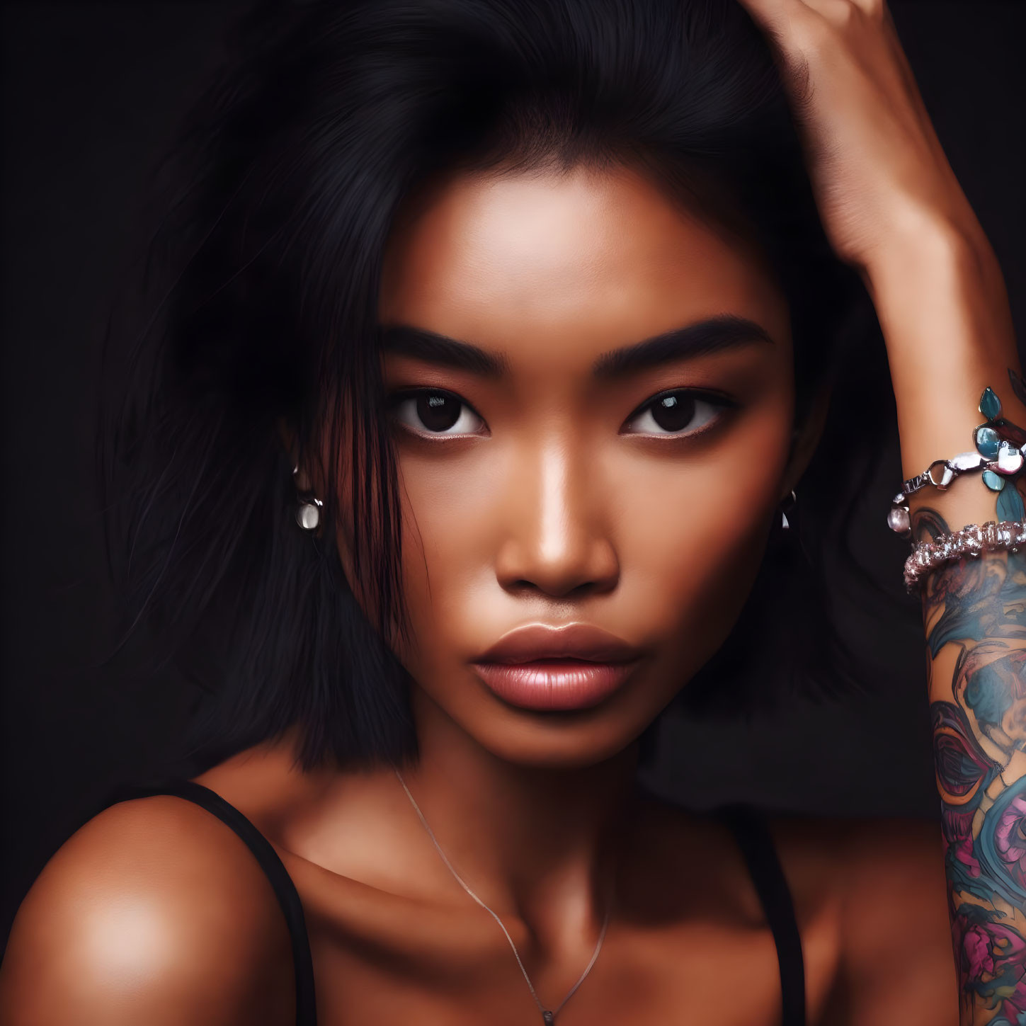 Portrait of person with dark hair, intense gaze, silver jewelry, tattoos, on black background