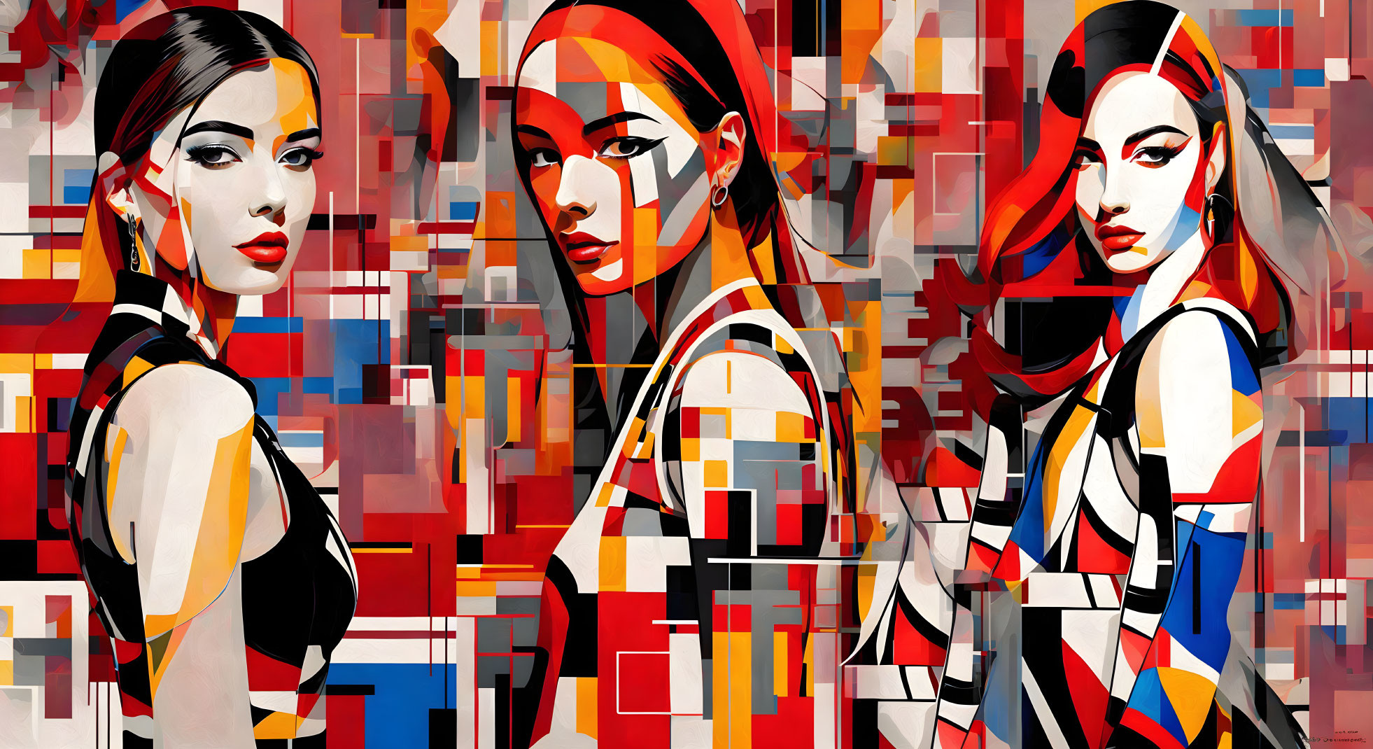 Colorful Cubist-Style Artwork: Three Women with Red Lips & Angular Features