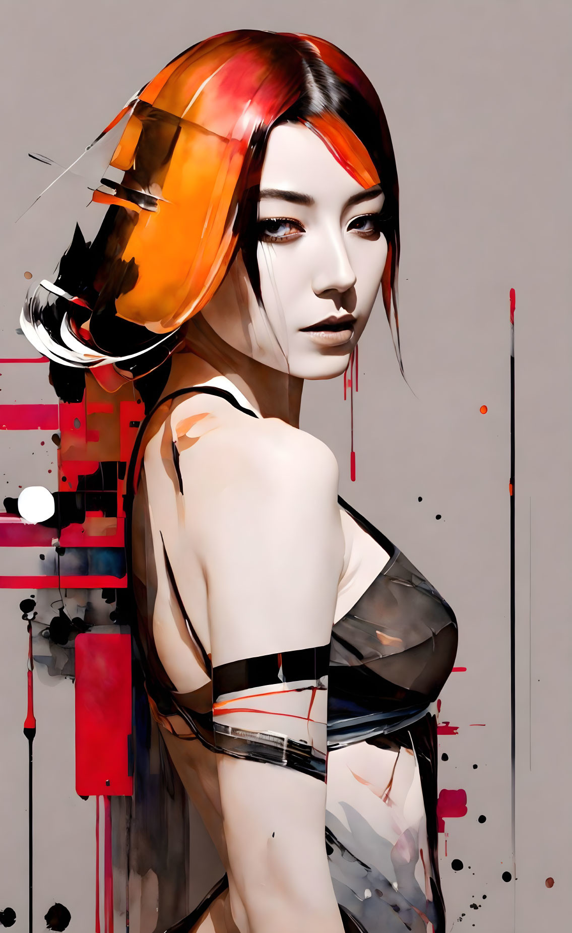 Woman in modern-traditional digital art with bold red accents