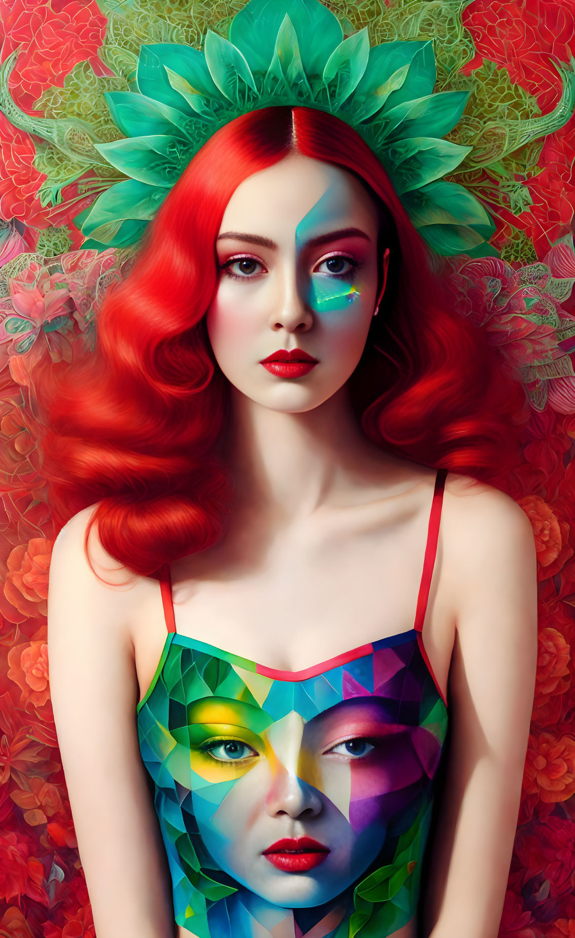 Vibrant woman with red hair, green headpiece, colorful makeup, face dress, and floral