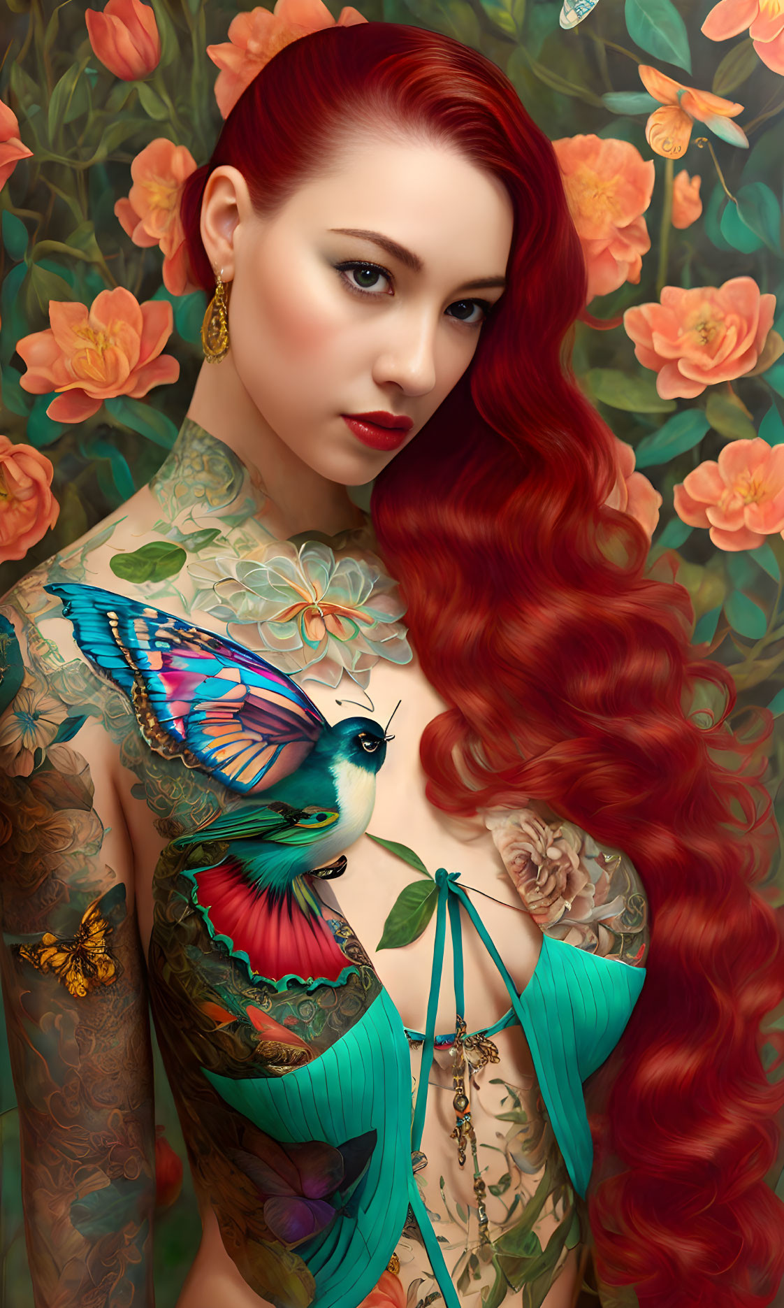 Red-haired woman in corset with green tattoos among orange flowers and butterfly