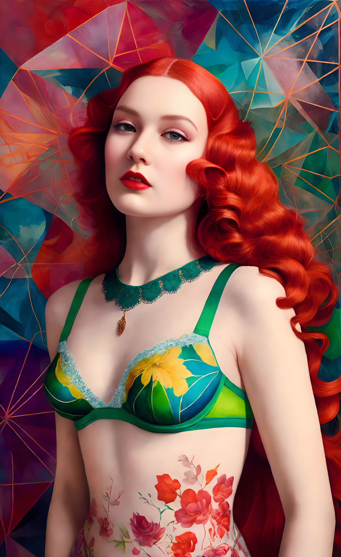 Vibrant woman with red hair and green top against geometric backdrop