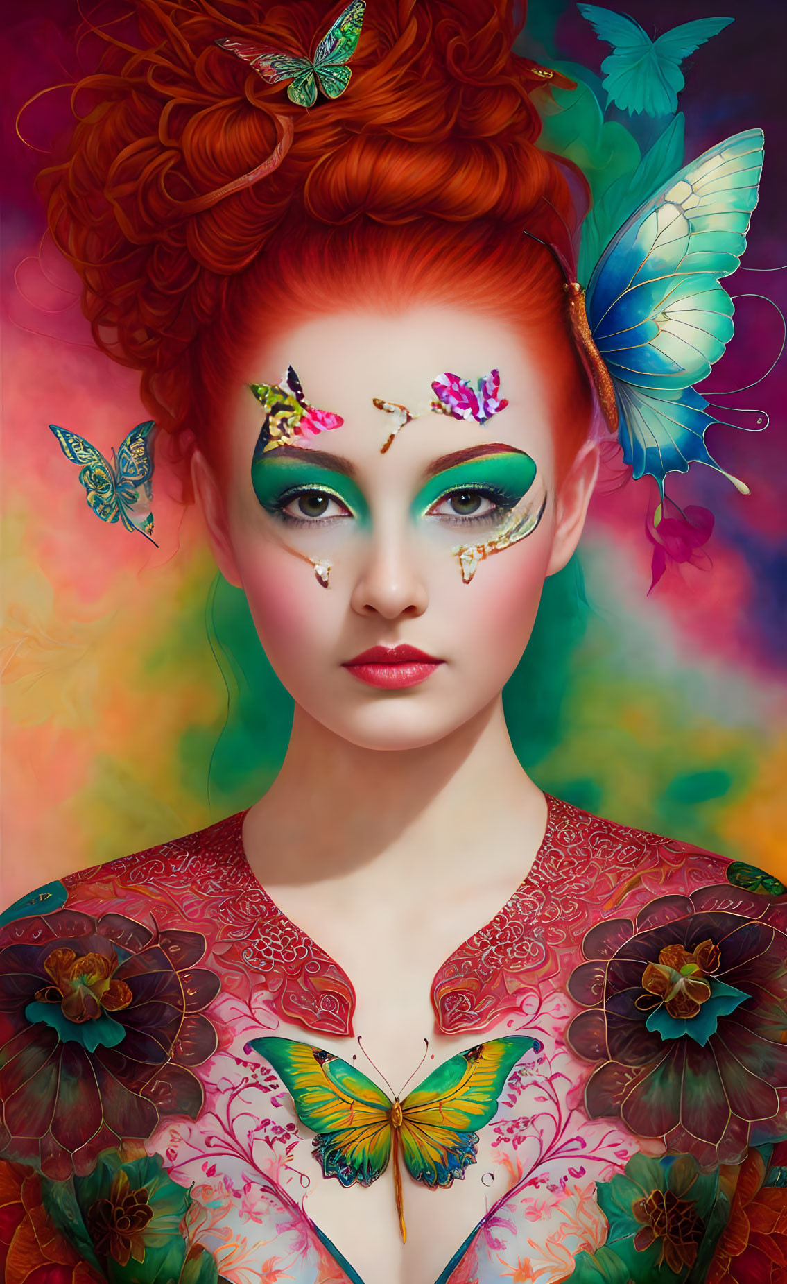 Colorful portrait of woman with high red hair and butterfly makeup on multicolored backdrop