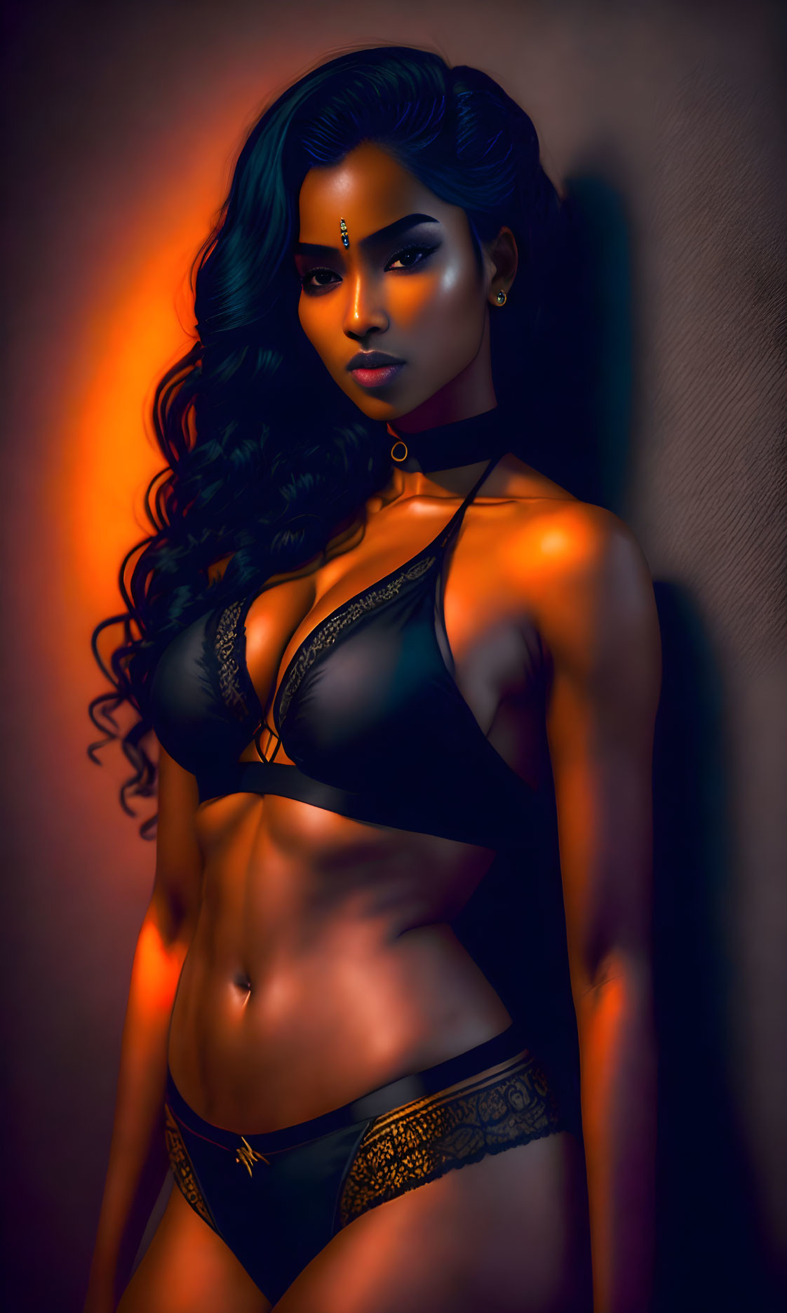 Illustrated woman in black lingerie with bindi under dramatic orange lighting