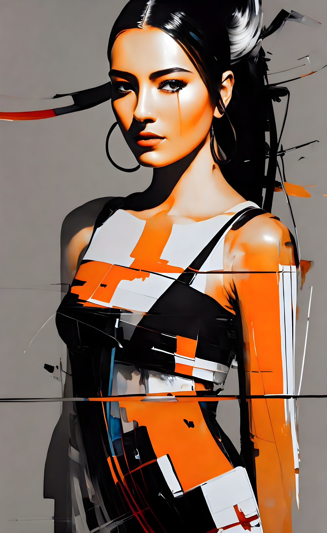 Stylized digital artwork of a woman with striking makeup and abstract orange, black, and white design