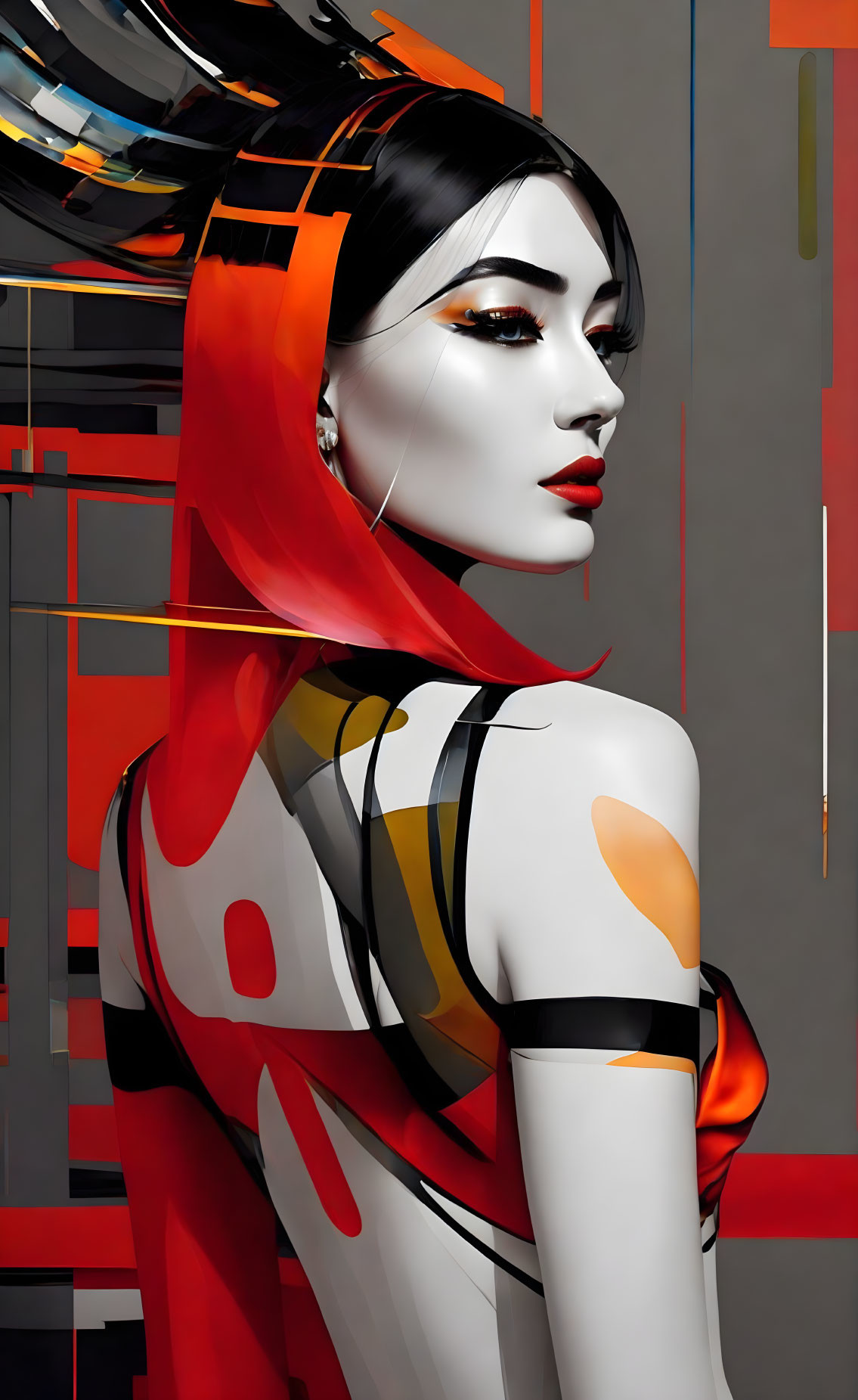 Digital artwork: Female figure with red headscarf, monochrome skin, and integrated graphic design elements