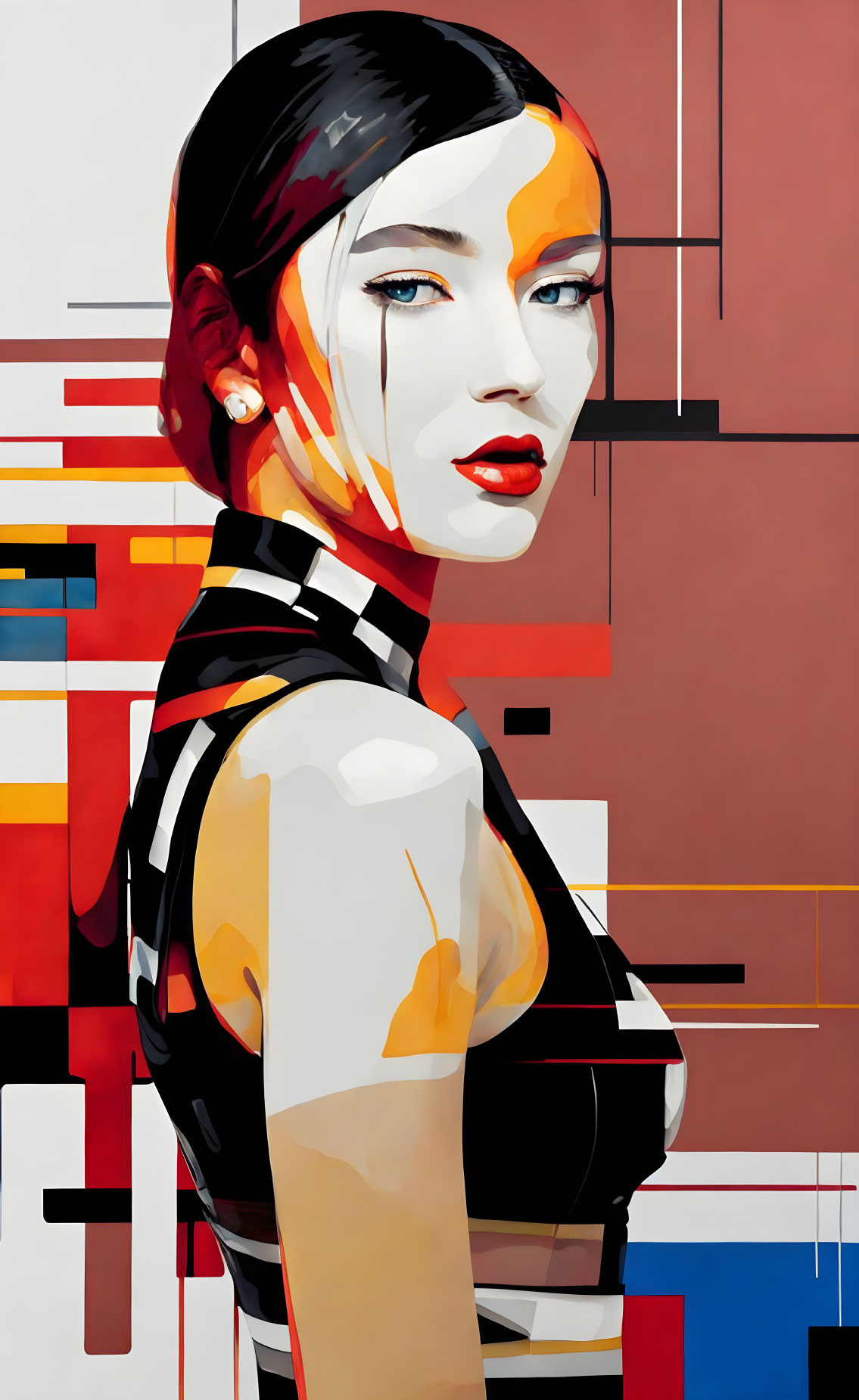 Digital portrait: Woman with bold red lips, geometric patterns, abstract elements