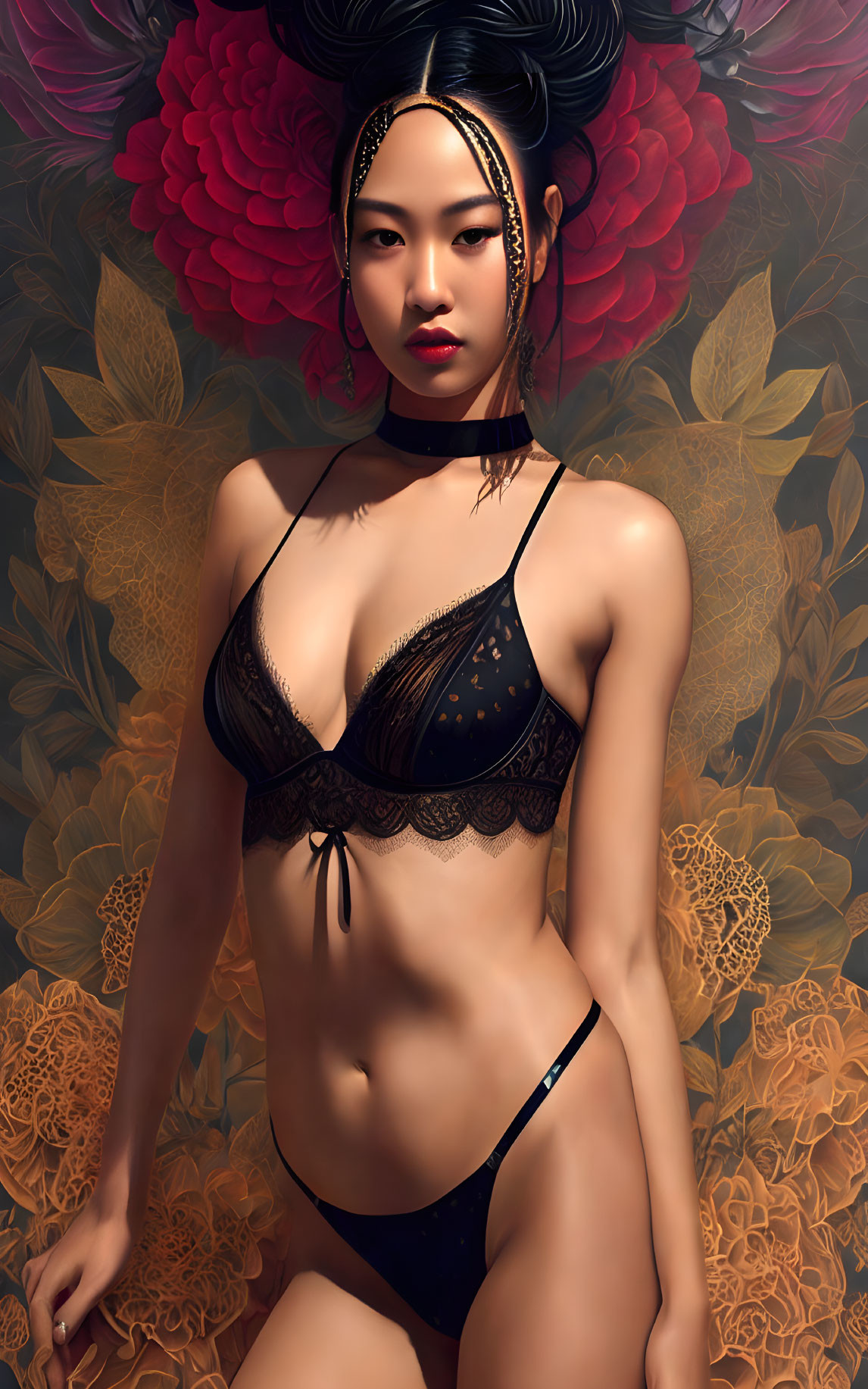 Digital portrait of woman in black lingerie with ornate updo hair, set against floral backdrop