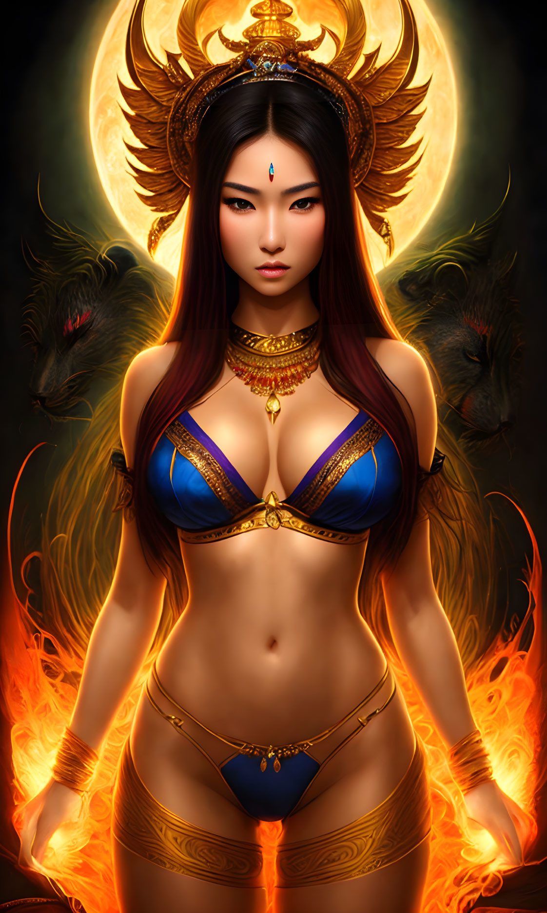 Illustration of female warrior in blue and gold armor with fiery aura and spirit guardians