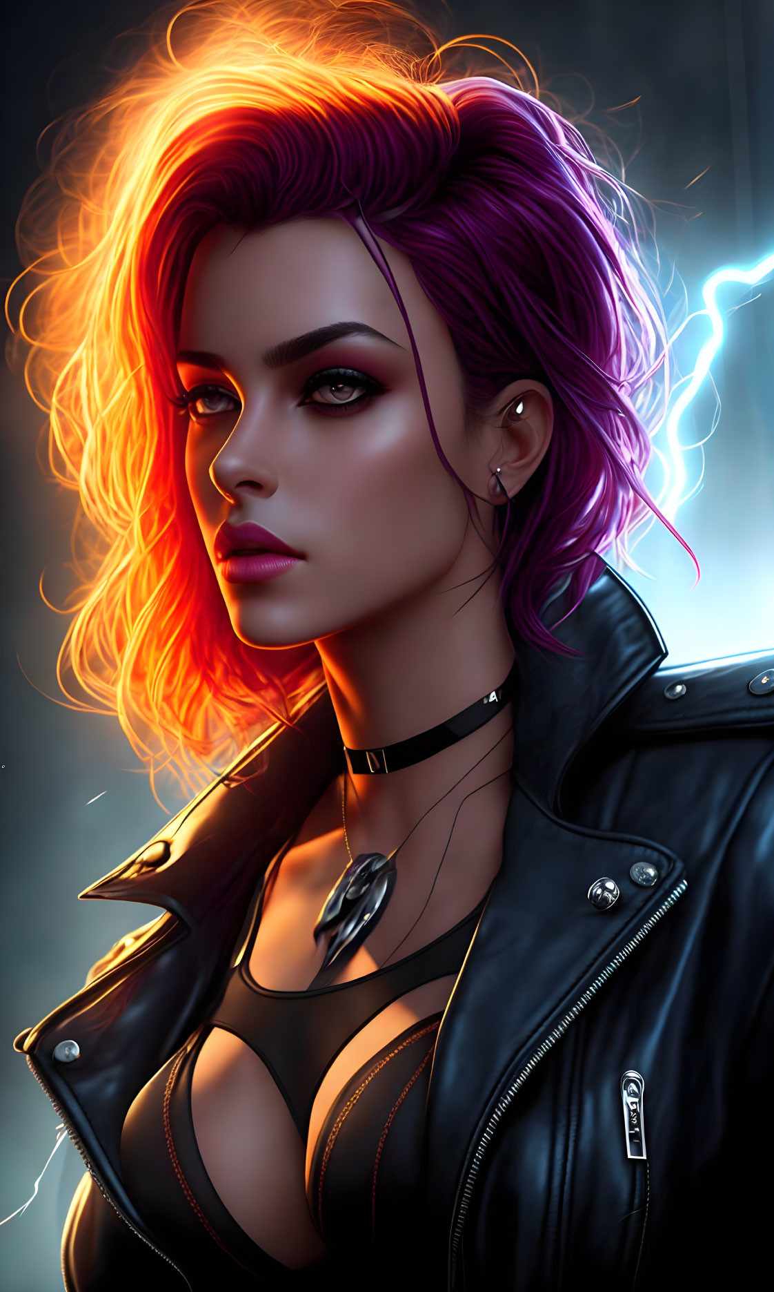 Vibrant pink and orange-haired woman in leather jacket on dark background