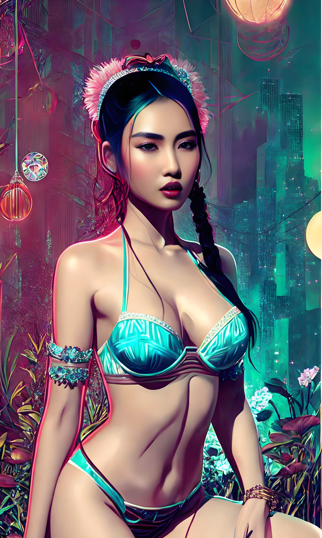 Woman in bikini with futuristic city backdrop and neon colors.