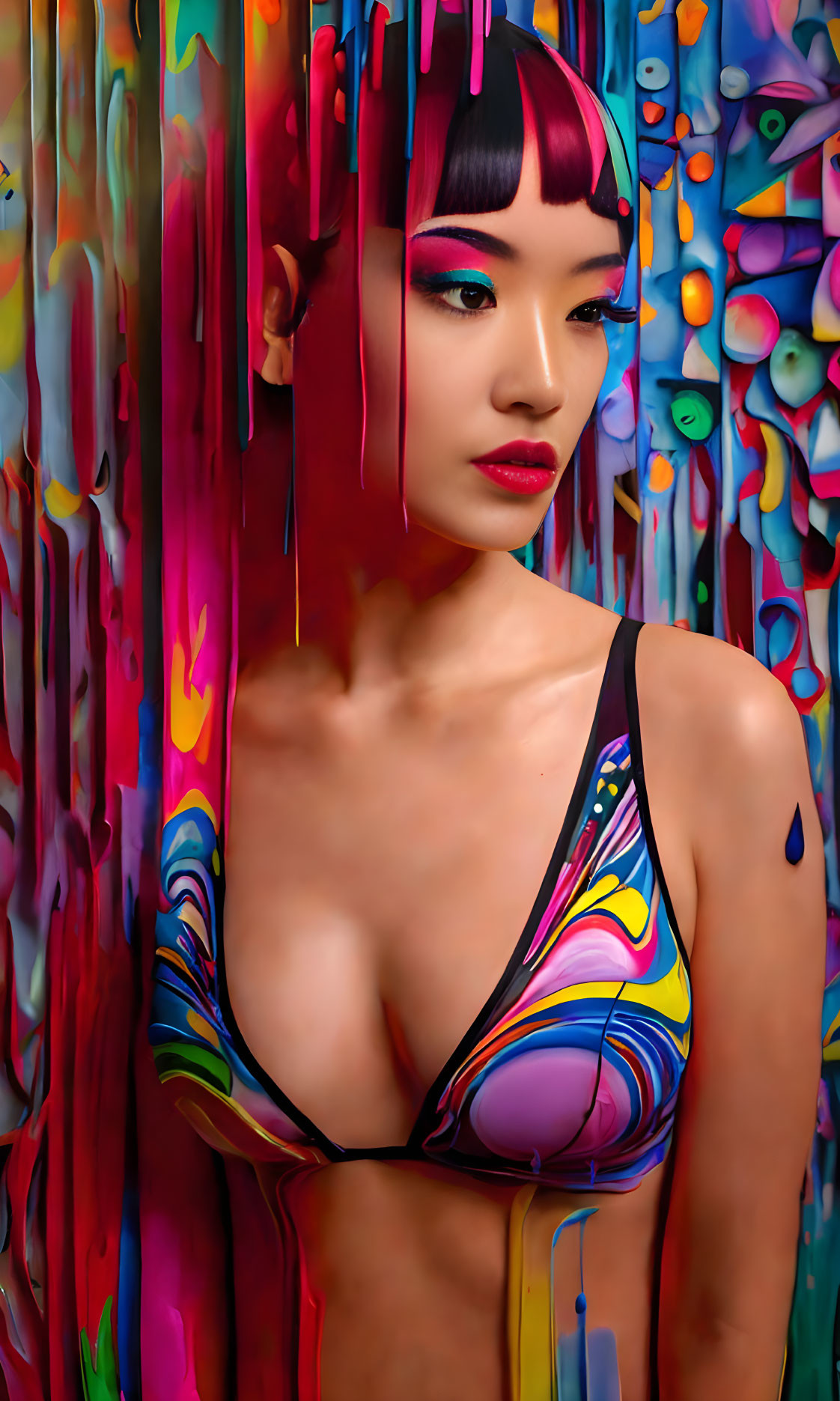 Woman with creative body paint in swimsuit against colorful abstract background