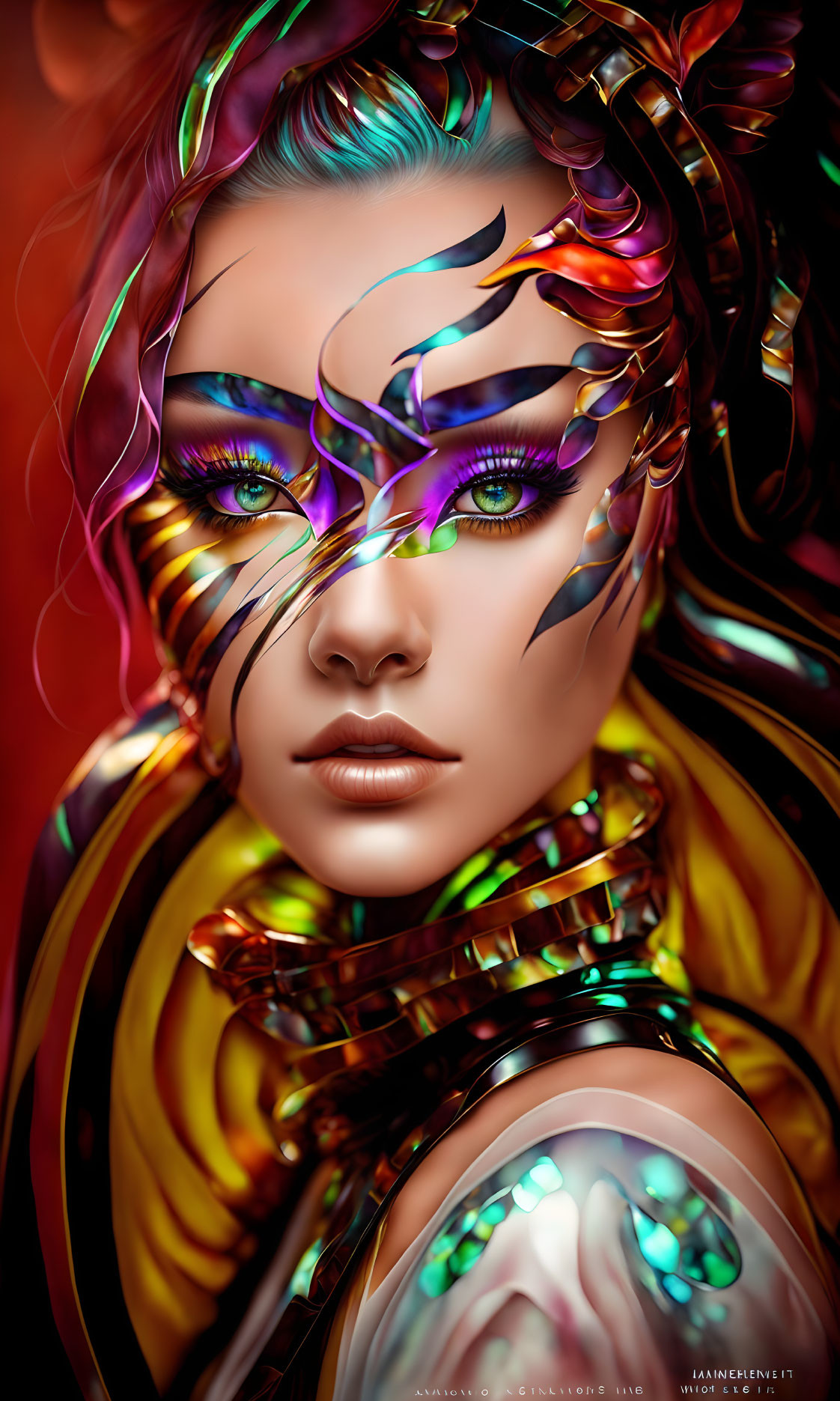 Colorful digital portrait of woman with unique makeup and futuristic attire on fiery red background