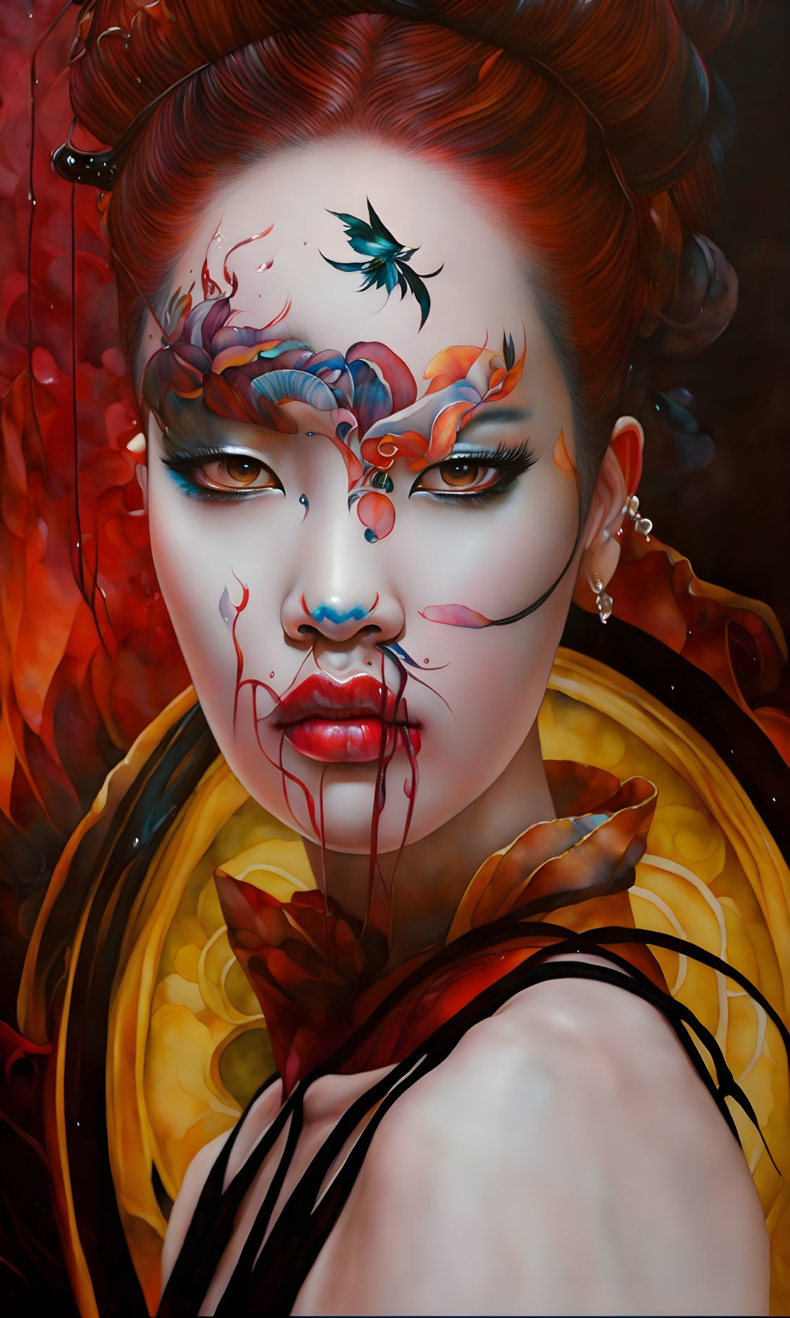 Colorful portrait with red and orange tones and swirling designs.