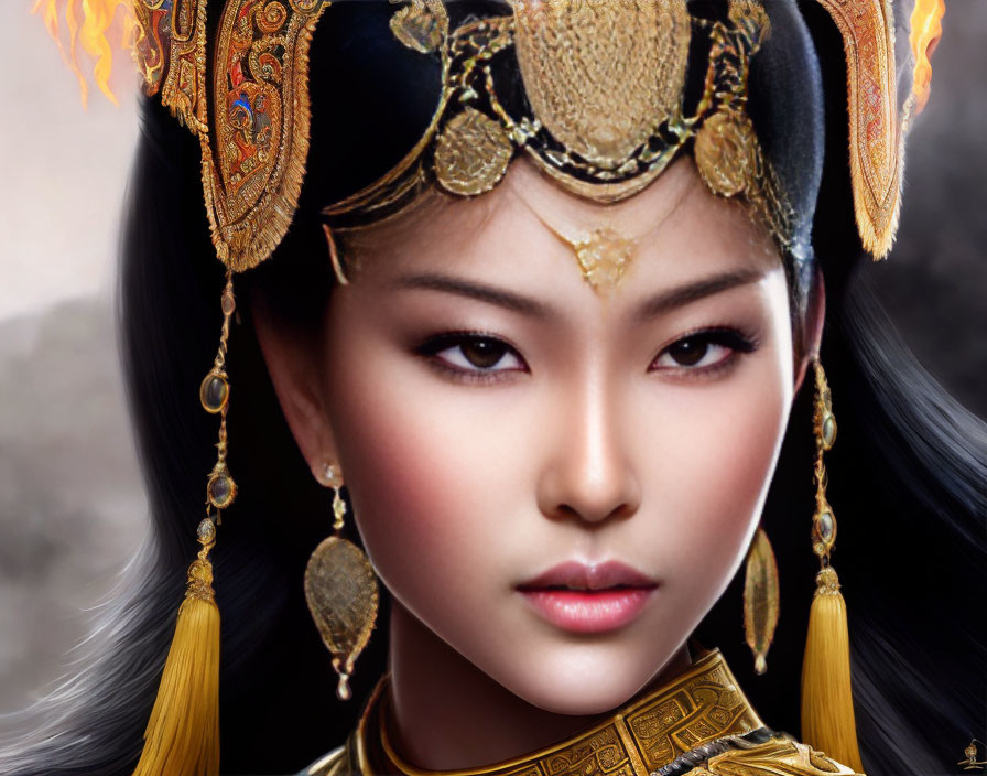 Digital portrait of woman in Asian headdress & ornate costume against blurred background