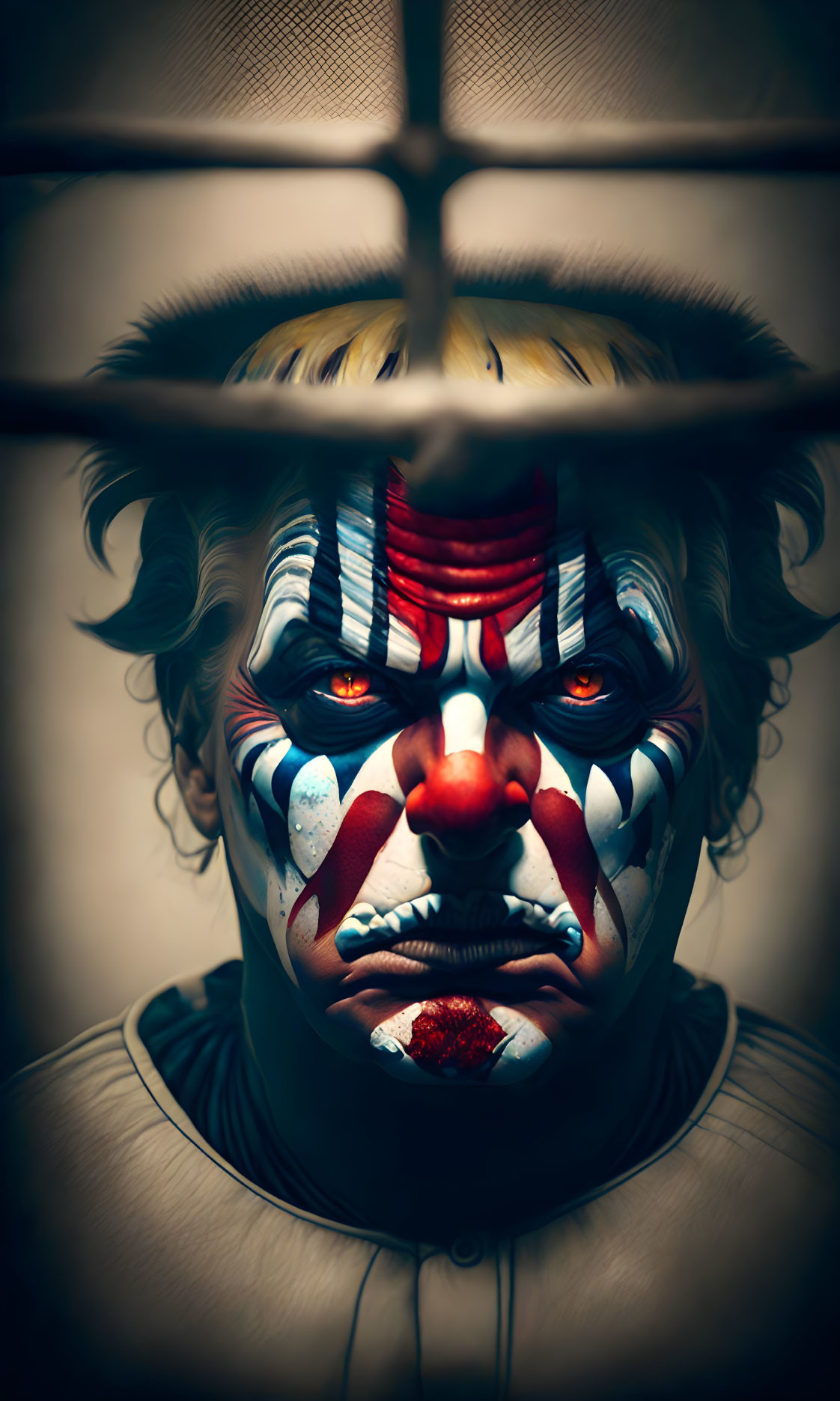 Detailed Sinister Clown with Red, White, and Blue Face Paint