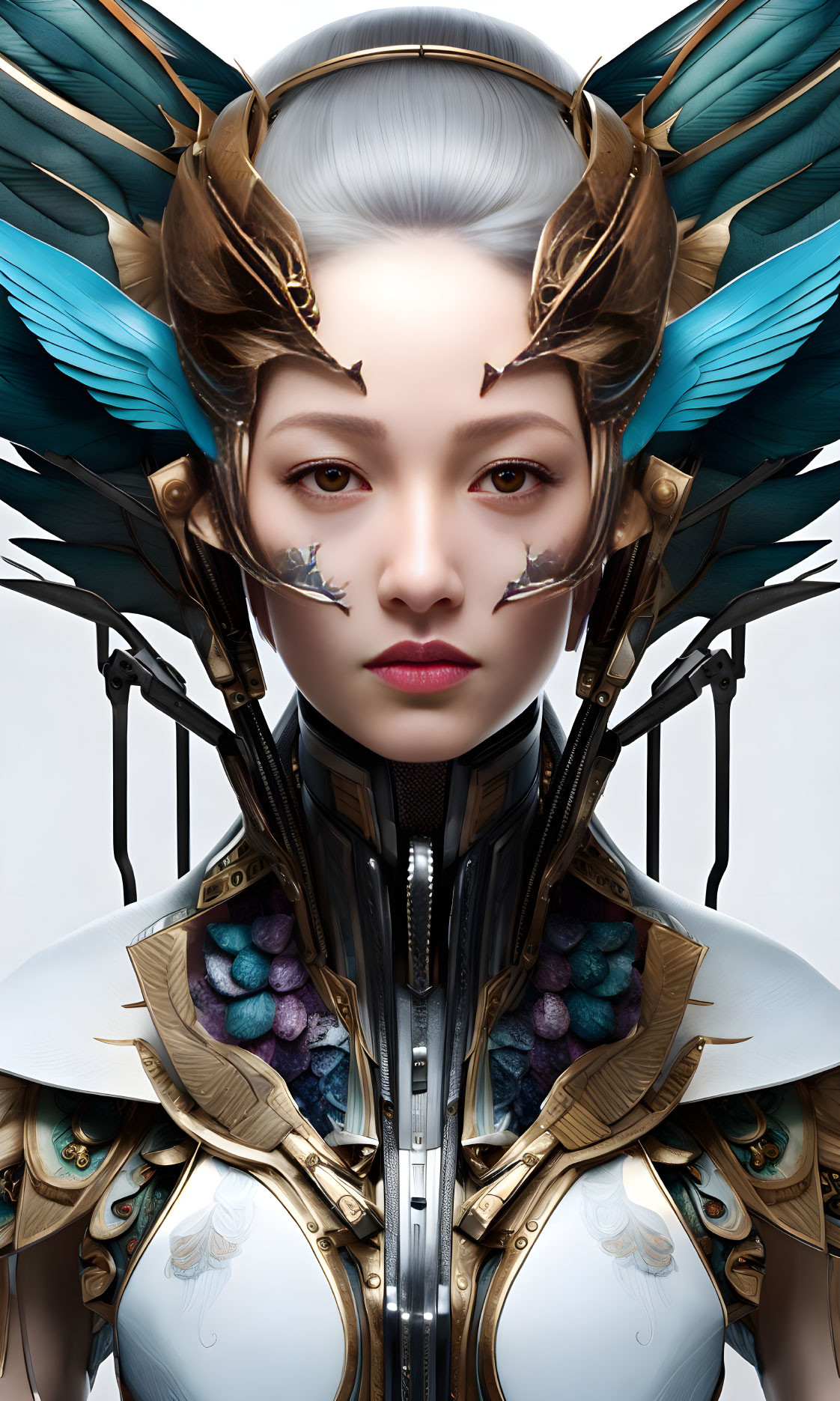 Digital portrait of woman with bird wing helmet and blue feathers.