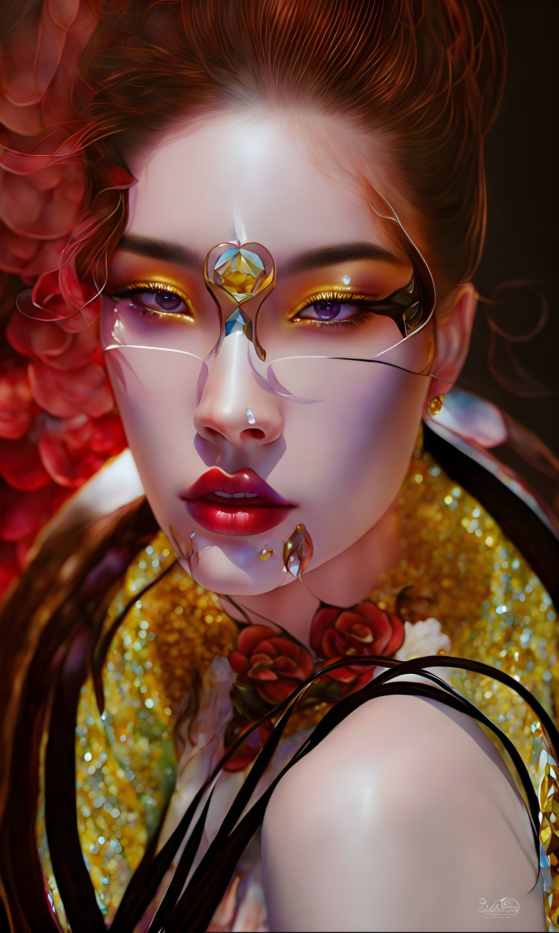 Digital artwork: Woman with striking makeup and golden accessories