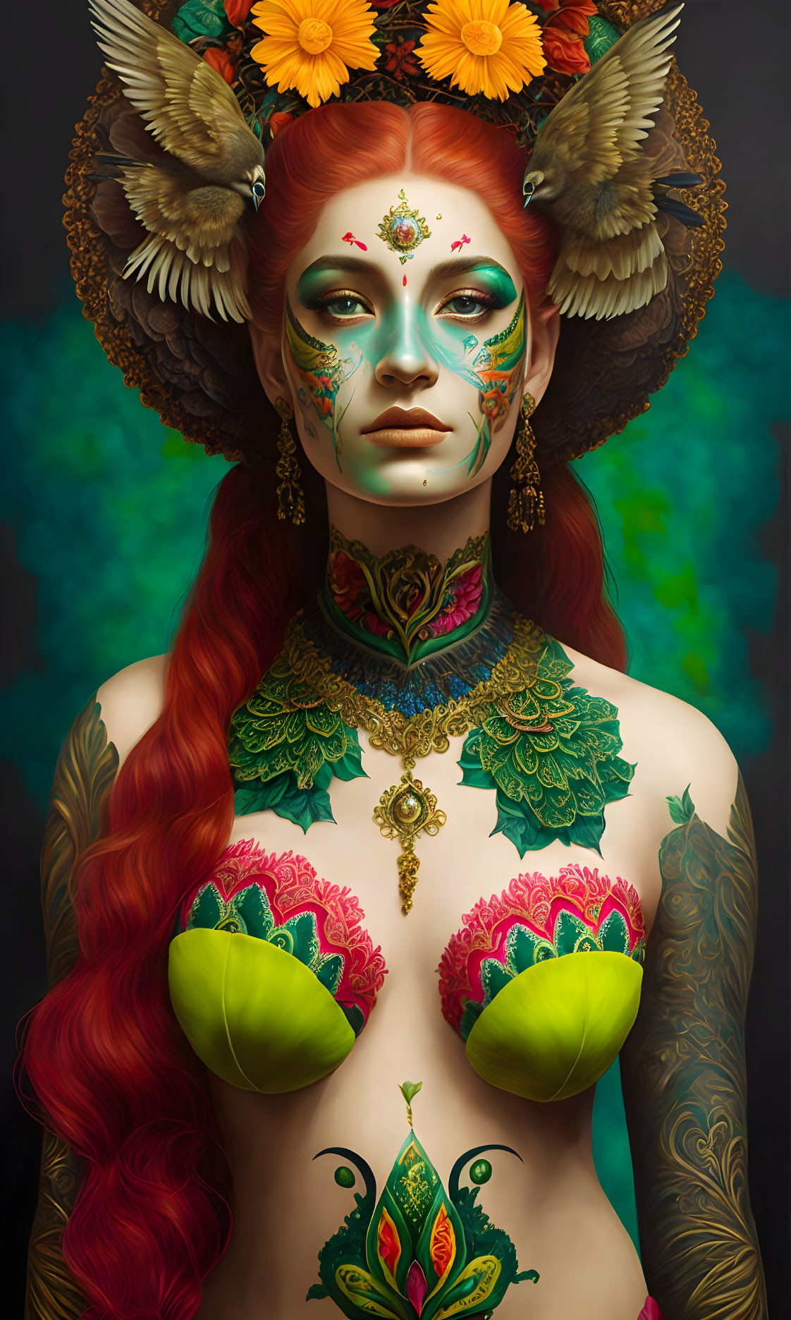 Detailed artistic portrayal of a woman with red hair, ornate headdress, face paint, and intricate