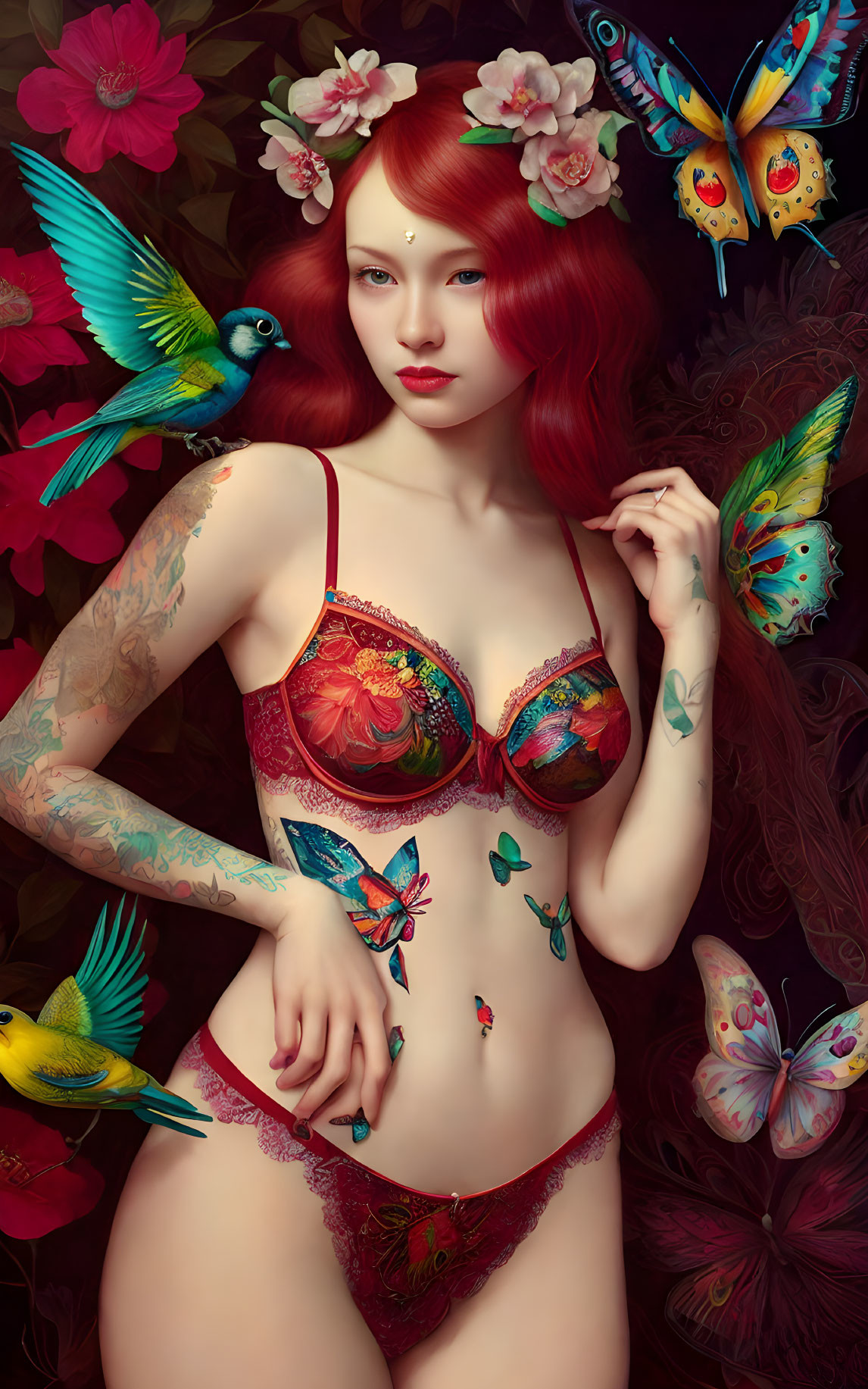 Red-haired woman with tattoos in colorful lingerie among butterflies and birds on patterned backdrop