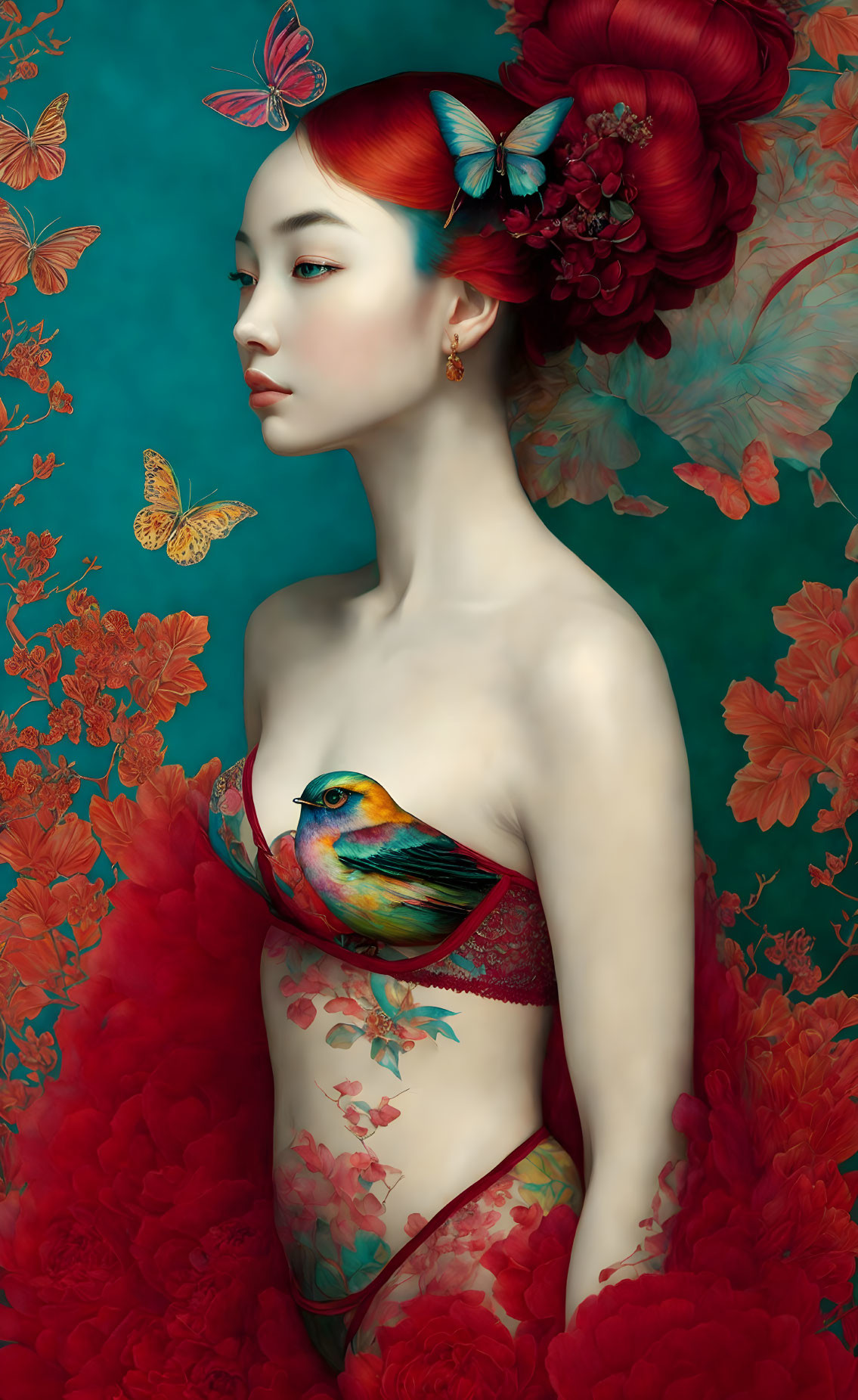 Stylized portrait of woman with red hair and floral accessories on teal background.