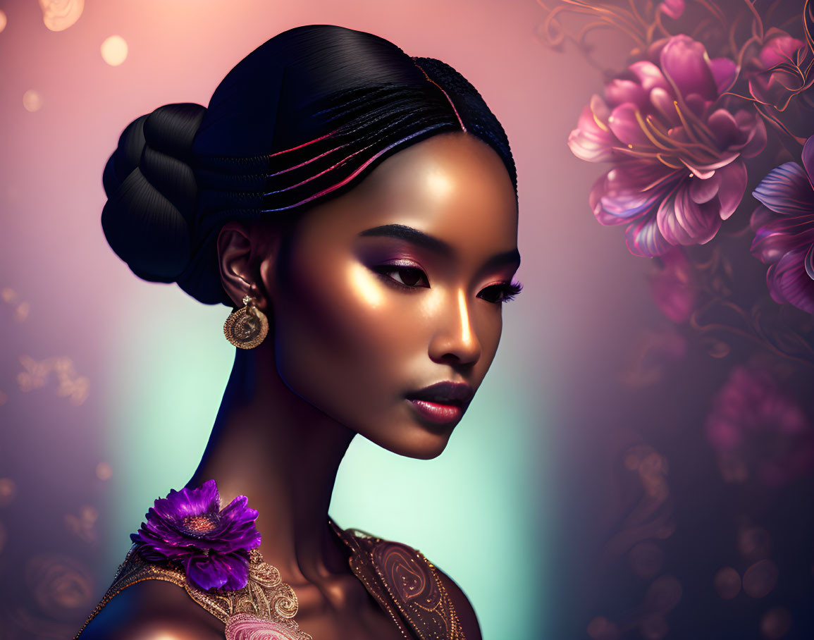 Elegant woman portrait with striking makeup and floral details