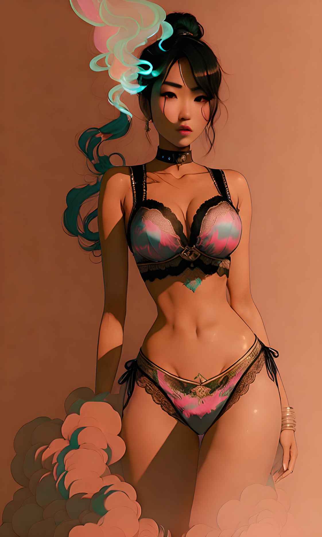 Stylized digital artwork of female figure in lingerie with smoke-like elements