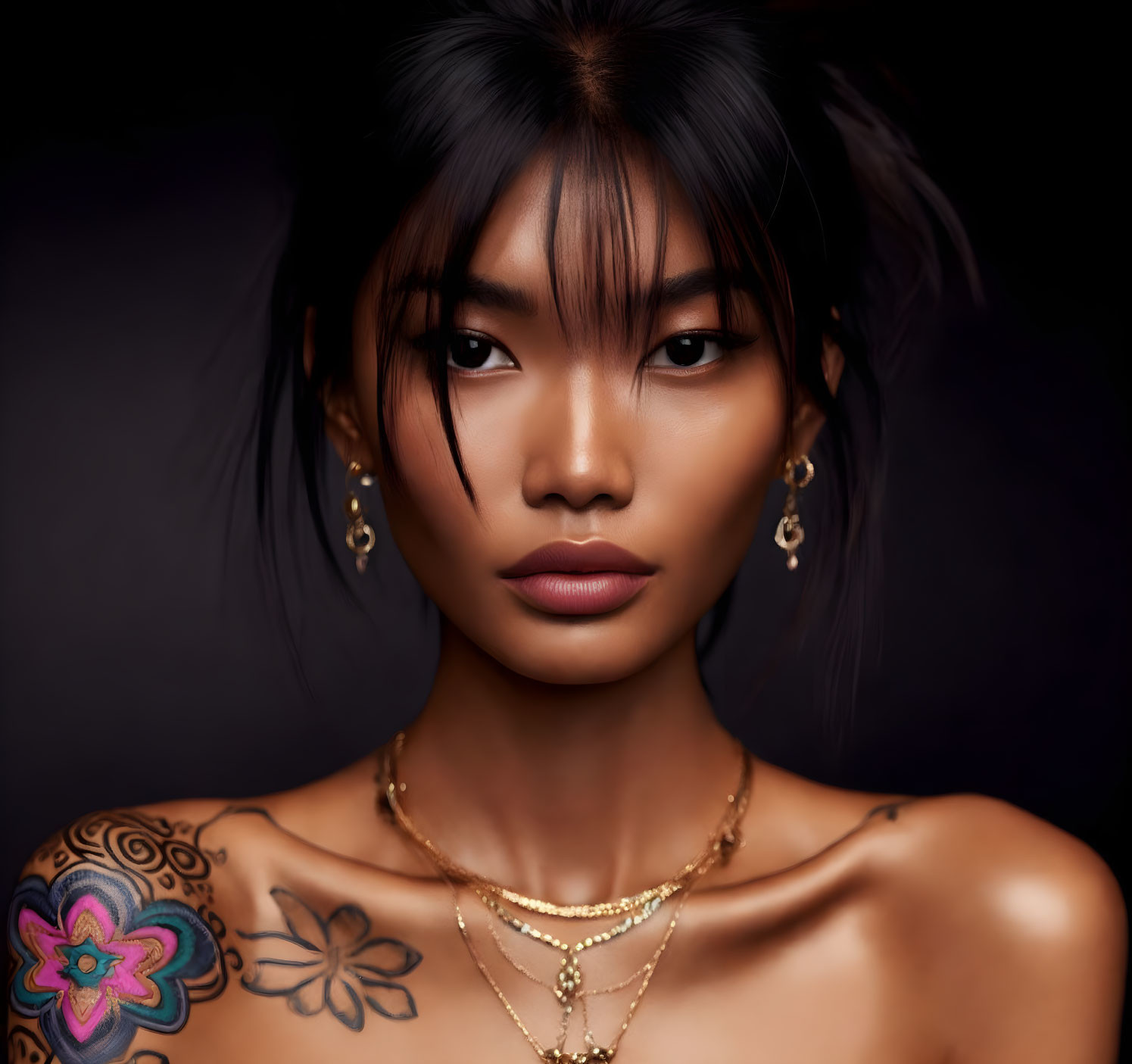 Portrait of woman with dark hair, gold jewelry, and floral tattoo on shoulder