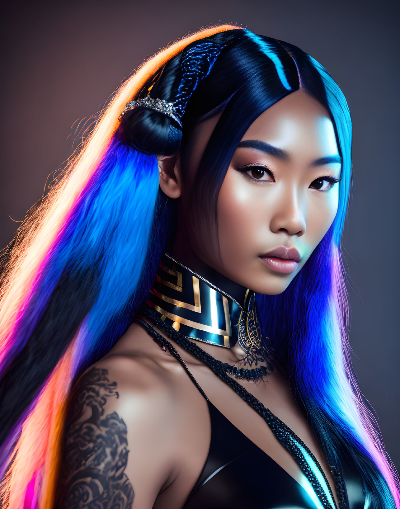 Blue and Purple Haired Woman with Golden Choker and Tattooed Shoulder in Warm Backlight