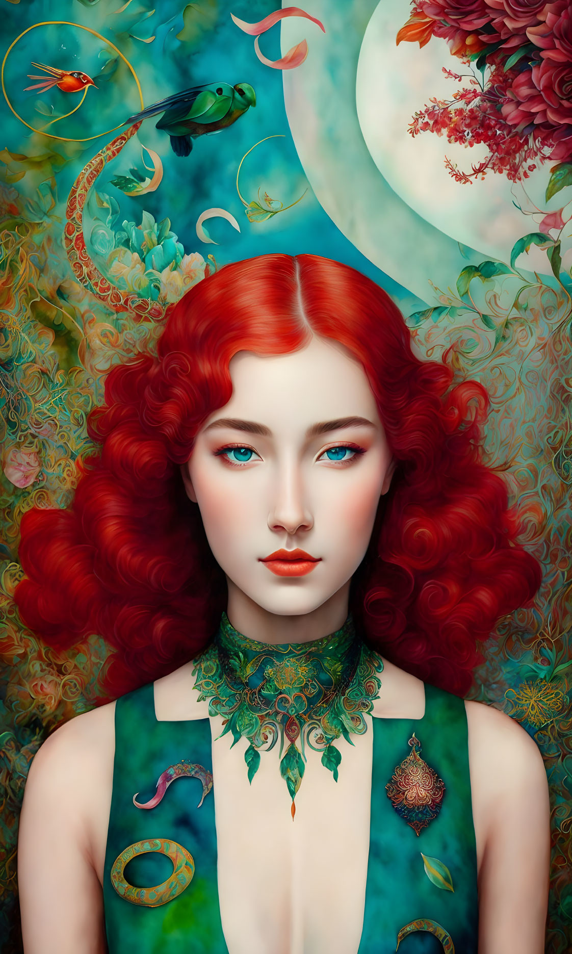 Vibrant red-haired woman in surreal portrait with ornate jewelry