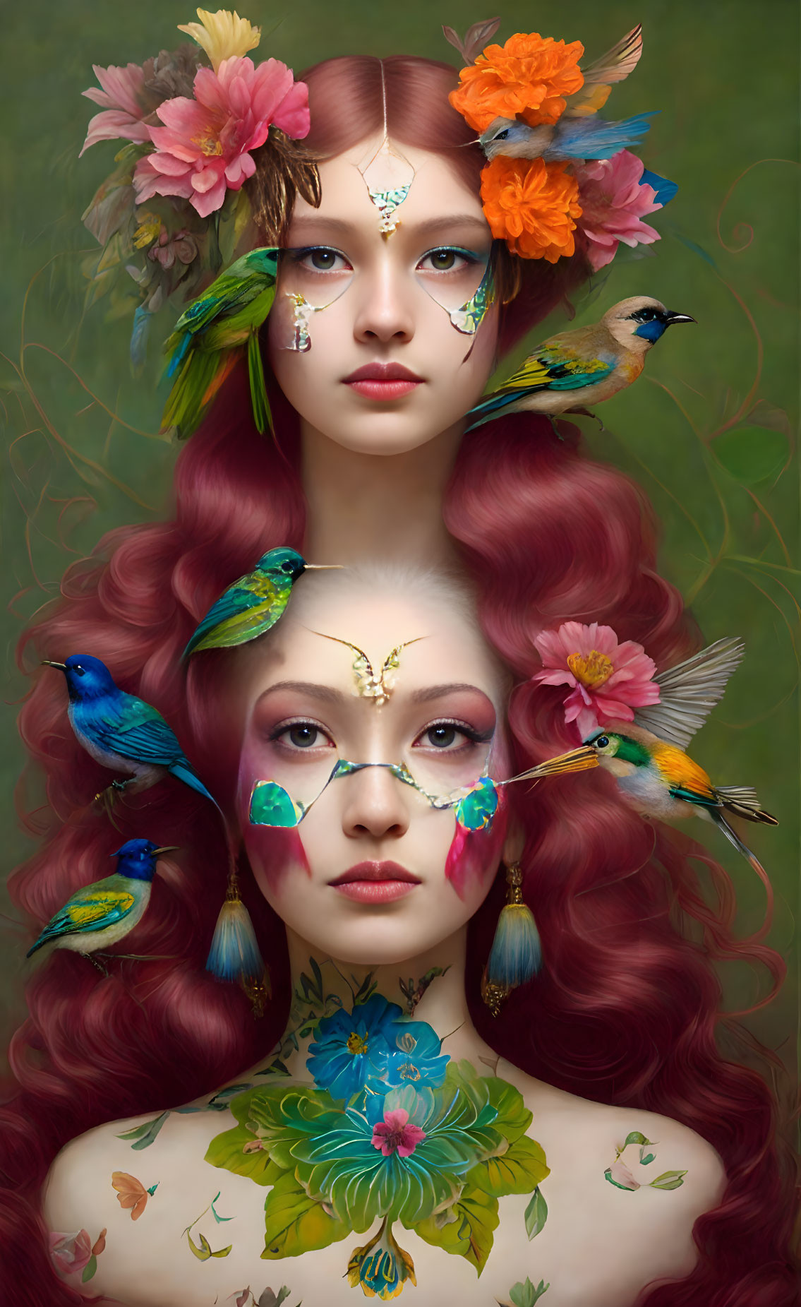 Colorful portrait of woman with red hair and floral/bird makeup designs