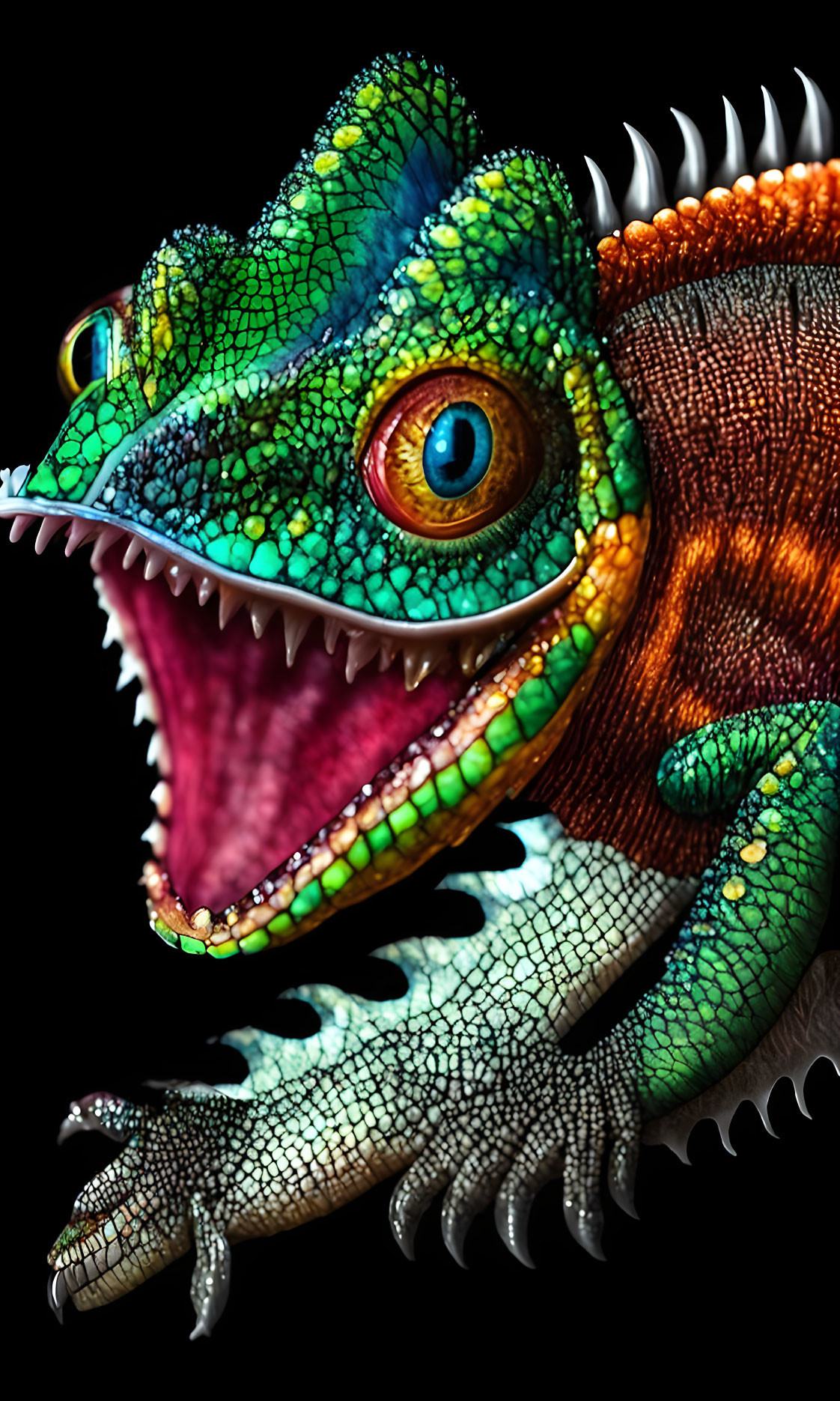 Colorful Chameleon with Open Mouth and Sharp Teeth on Black Background