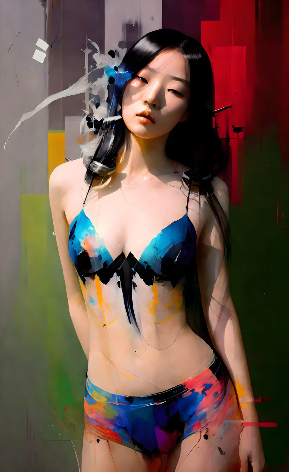 Color-Splattered Bikini Woman on Abstract Art Background