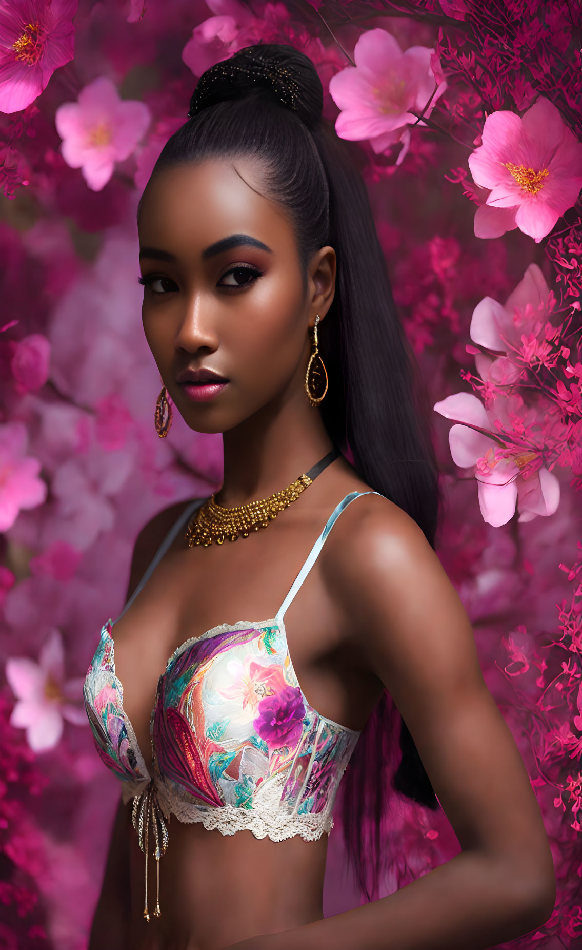 Woman in high bun with gold jewelry poses against vibrant pink flowers.