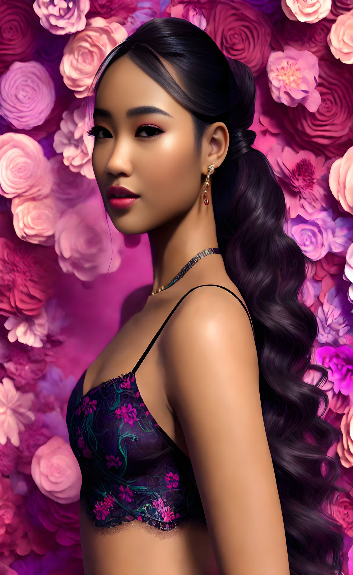 Dark-haired woman in elegant makeup against vibrant multicolored rose backdrop