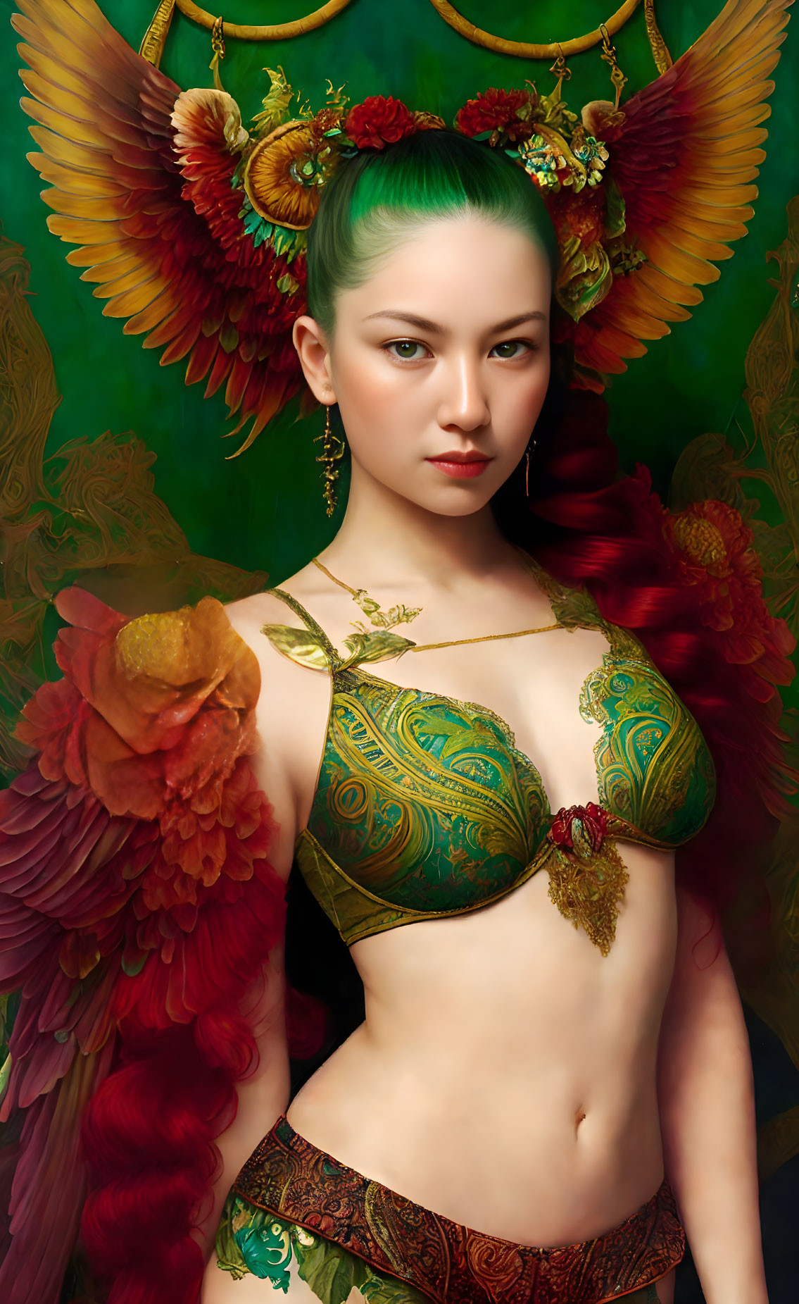 Digital artwork featuring woman with green hair, angelic wings, in ornate gold and green attire with