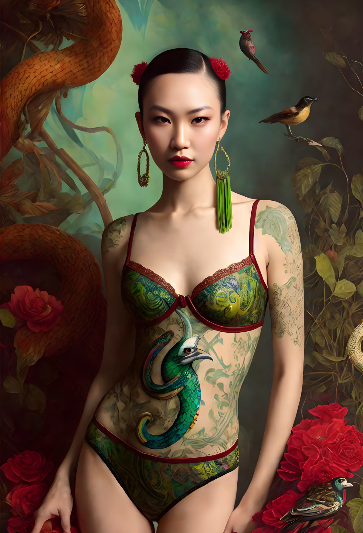 Woman in snake-themed outfit with birds and floral elements for mystical ambiance