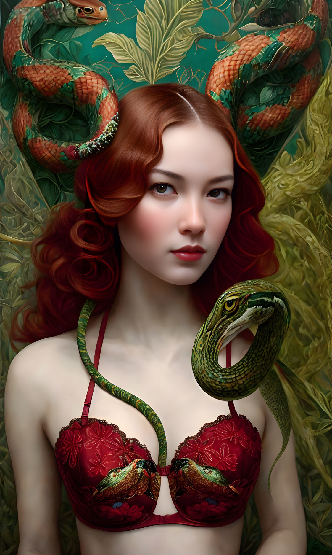 Red-haired woman with snake in enchanted setting.