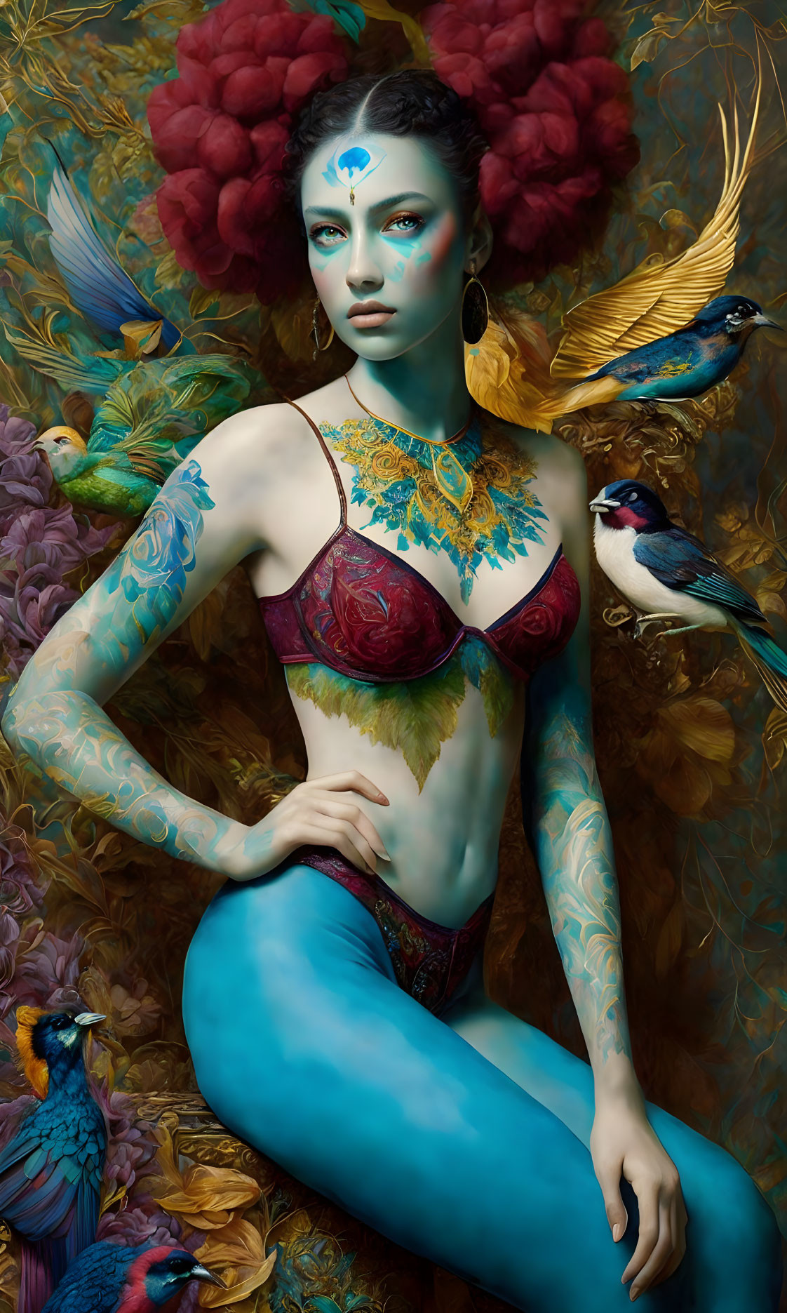 Vibrant portrait with blue-skinned person, tattoos, jewelry, birds, and floral background