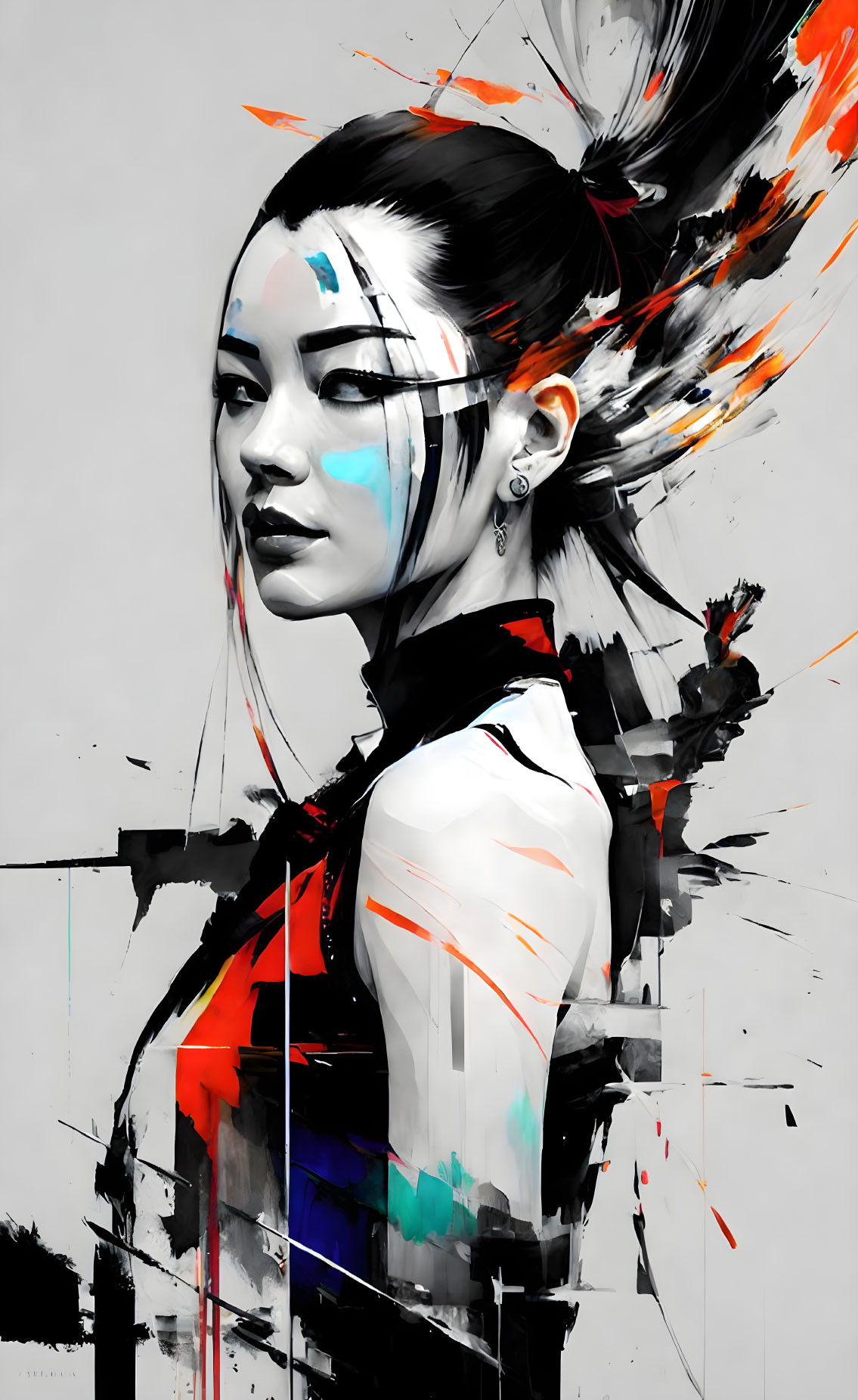 Stylized digital artwork: fragmented woman with sharp lines and color splashes