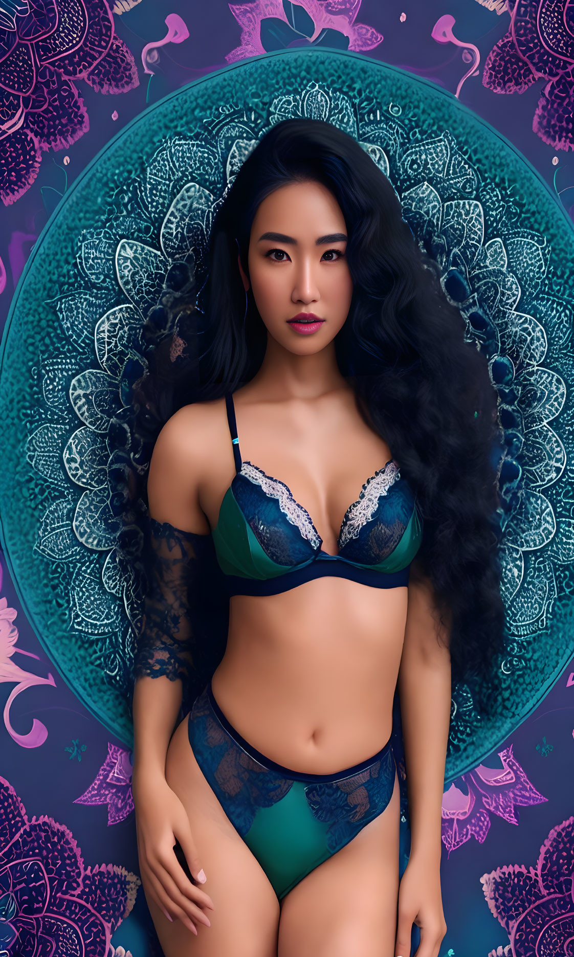 Long-haired woman in green lingerie with peacock feather backdrop