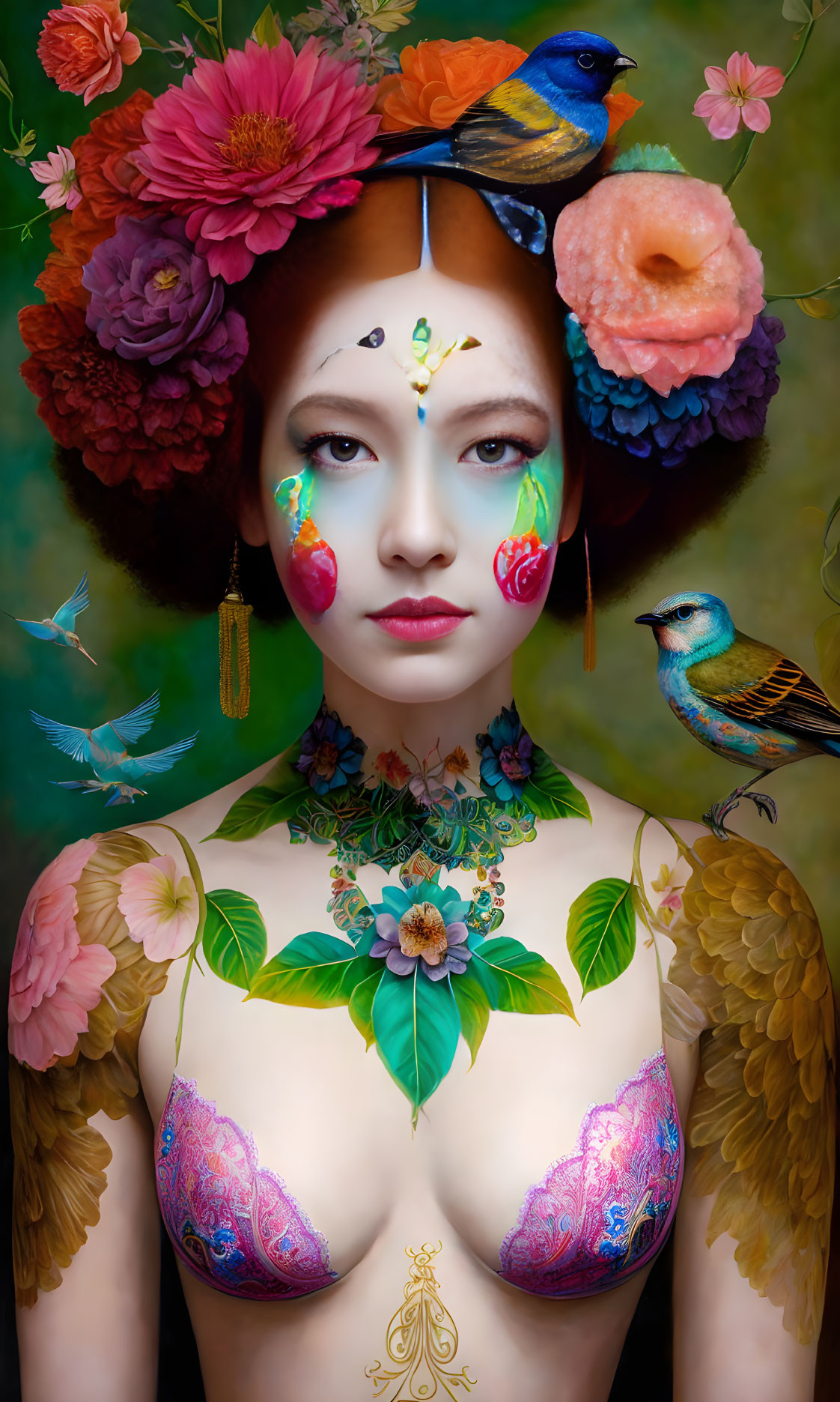 Woman adorned with floral and bird motifs and vibrant accessories