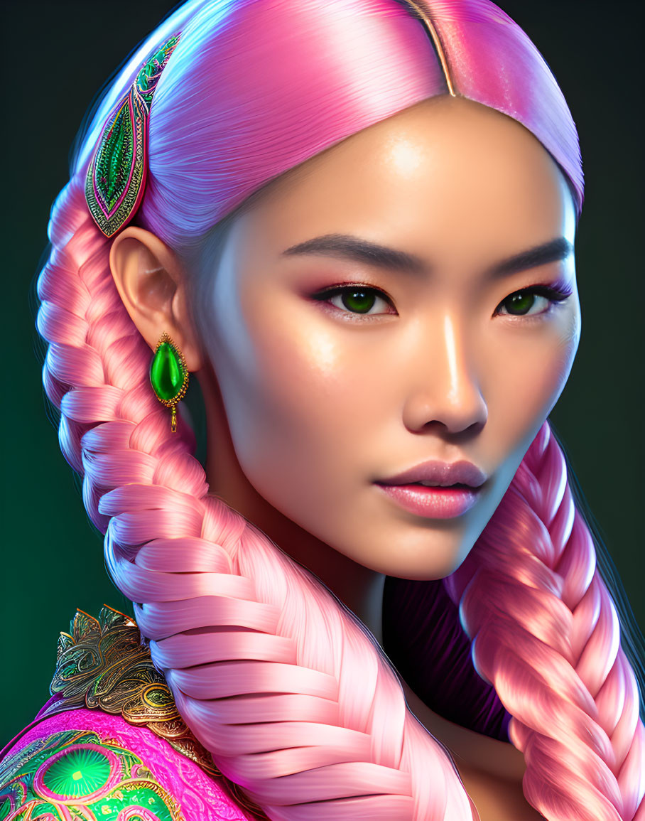 Portrait of woman with pink braided hair, ornate headpiece, green earrings, intense gaze on