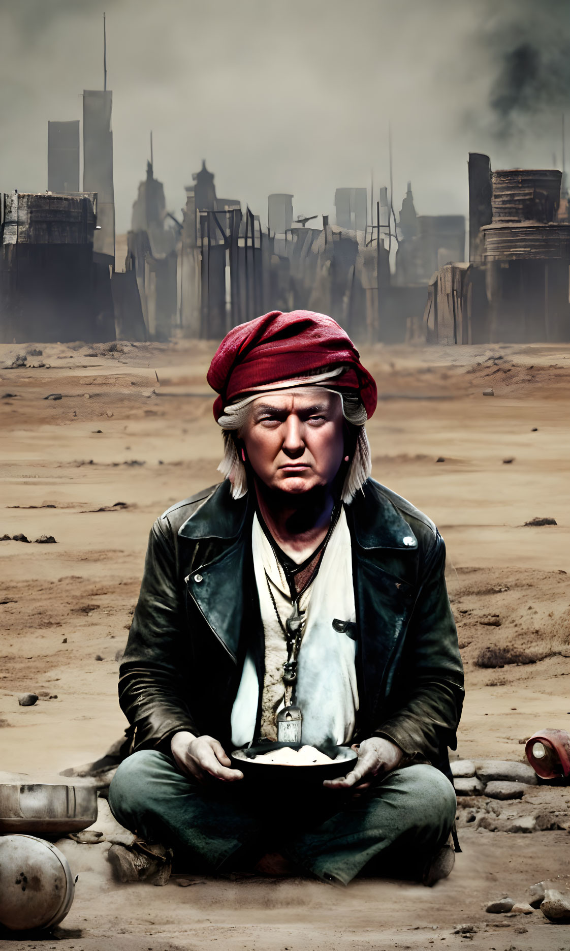 Person in red beret sits in dystopian landscape with bowl, industrial ruins in background