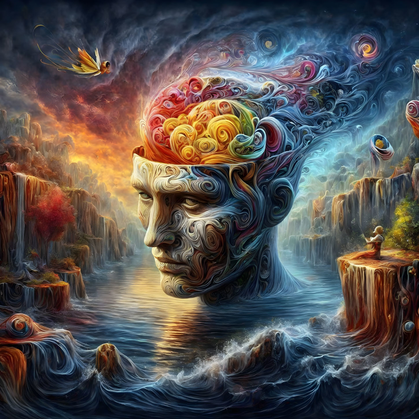 Colorful surreal human head with open top revealing brain in fantastical landscape